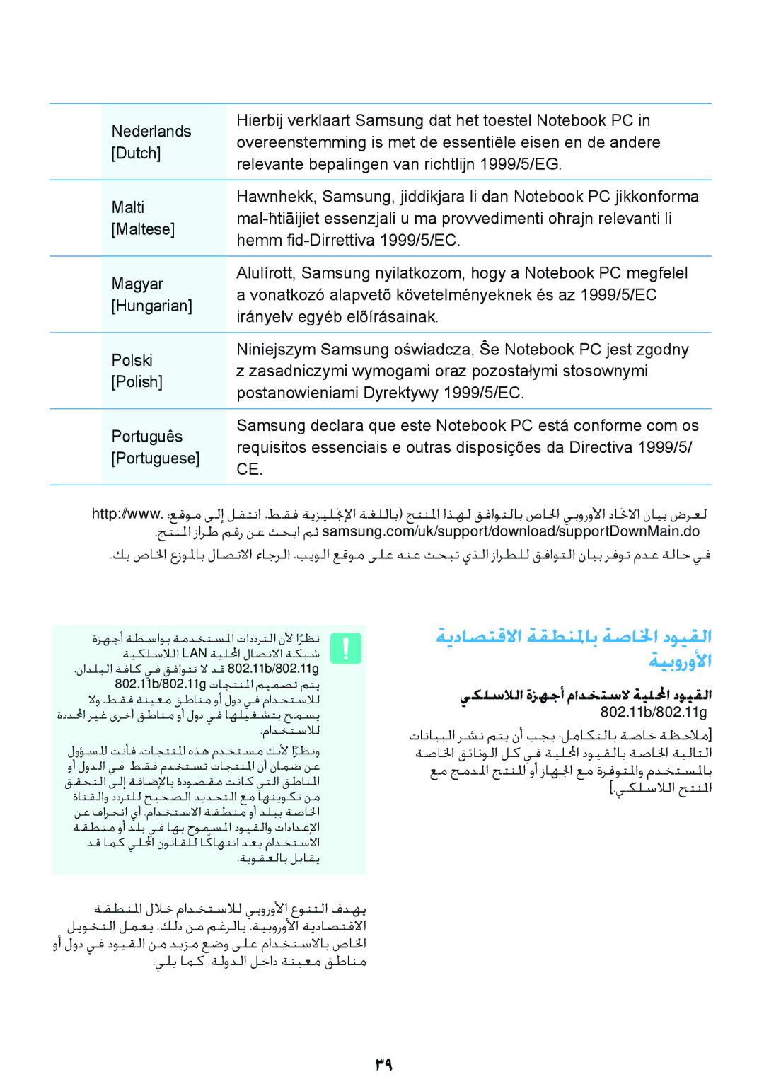 Samsung NP-RV408-S01SA manual ةيداصتقلاا ةقطنلماب ةصالخا دويقلا, ةيبورولأا, يكلسلالا ةزهجأ مادختسلا ةيللمحا دويقلا 