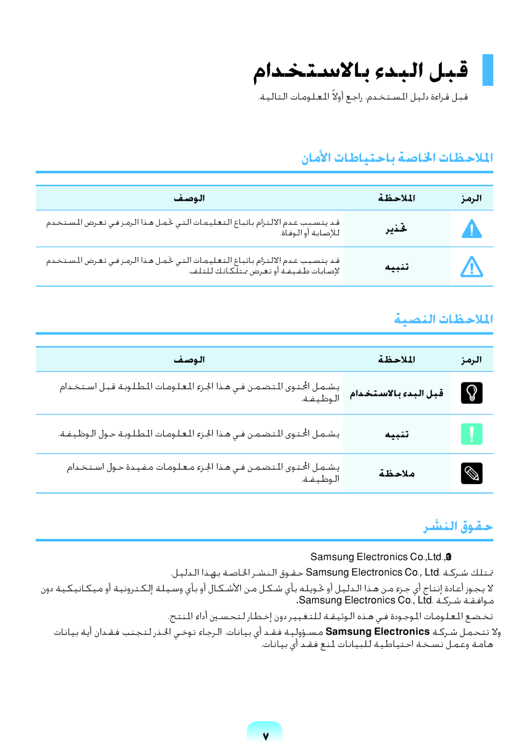 Samsung NP-RV408-S01SA manual مادختسلااب ءدبلا لبق, ناملأا تاطايتحاب ةصالخا تاظحلالما, ةيصنلا تاظحلالما, رشنلا قوقح 