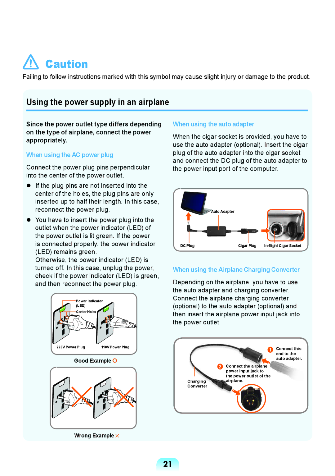 Samsung NP-RC418-S02VN, NP-RV409-S02SA, NP-RV409-A01SA Using the power supply in an airplane, When using the AC power plug 