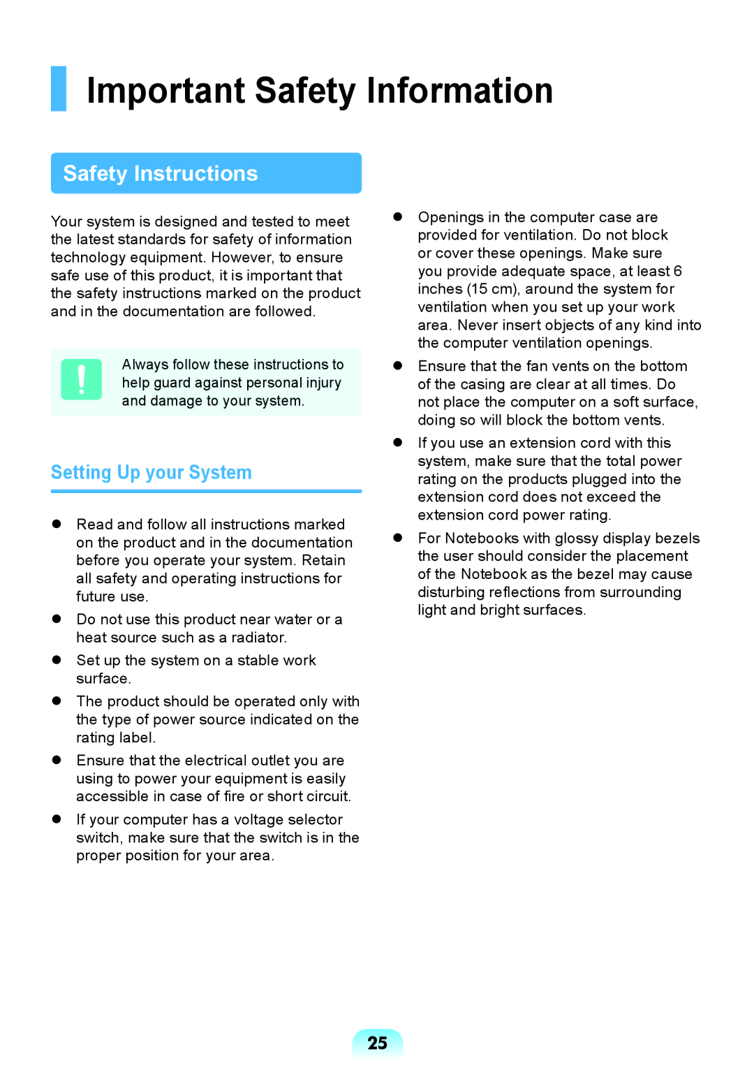 Samsung NP-RC418-A02VN, NP-RV409-S02SA, NP-RV409-A01SA, NP-RV409-A06SA Important Safety Information, Setting Up your System 