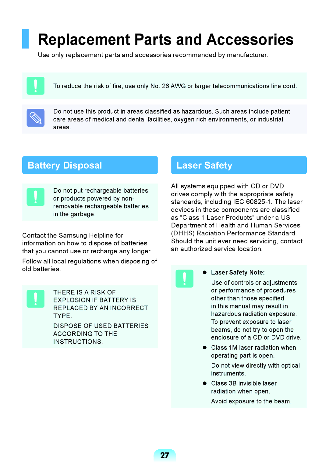 Samsung NP-RC518-S02VN, NP-RV409-S02SA, NP-RV409-A01SA manual Replacement Parts and Accessories,  Laser Safety Note 