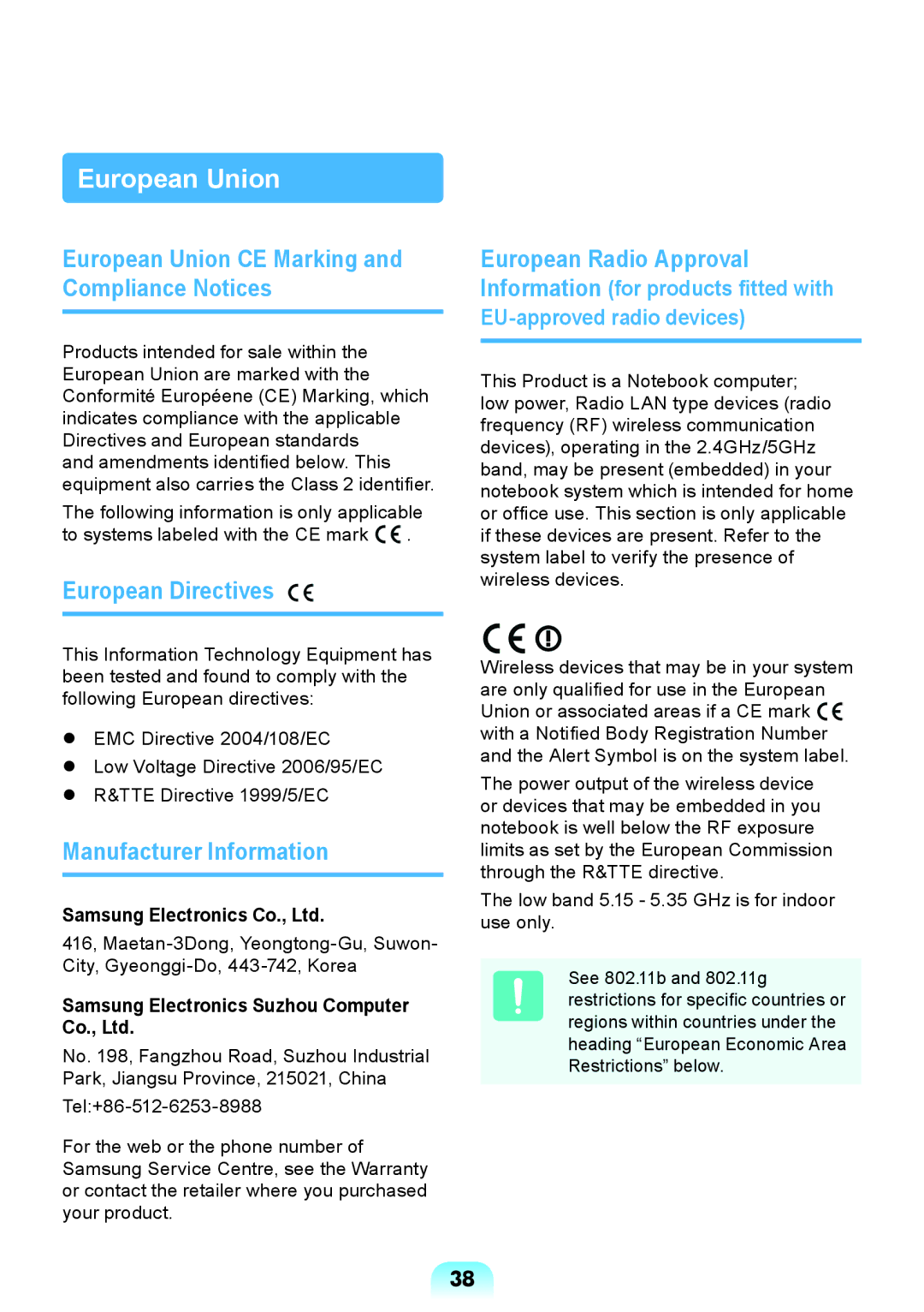 Samsung NP-RC418-S09VN European Union CE Marking and Compliance Notices, European Directives, Manufacturer Information 