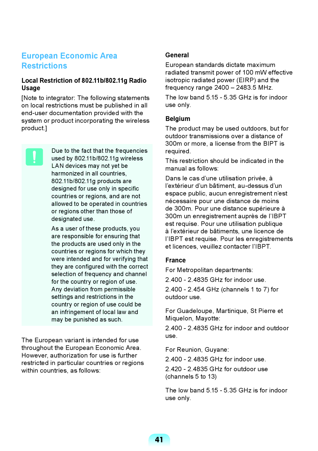 Samsung NP-RV509-S01BG European Economic Area Restrictions, Local Restriction of 802.11b/802.11g Radio Usage, General 