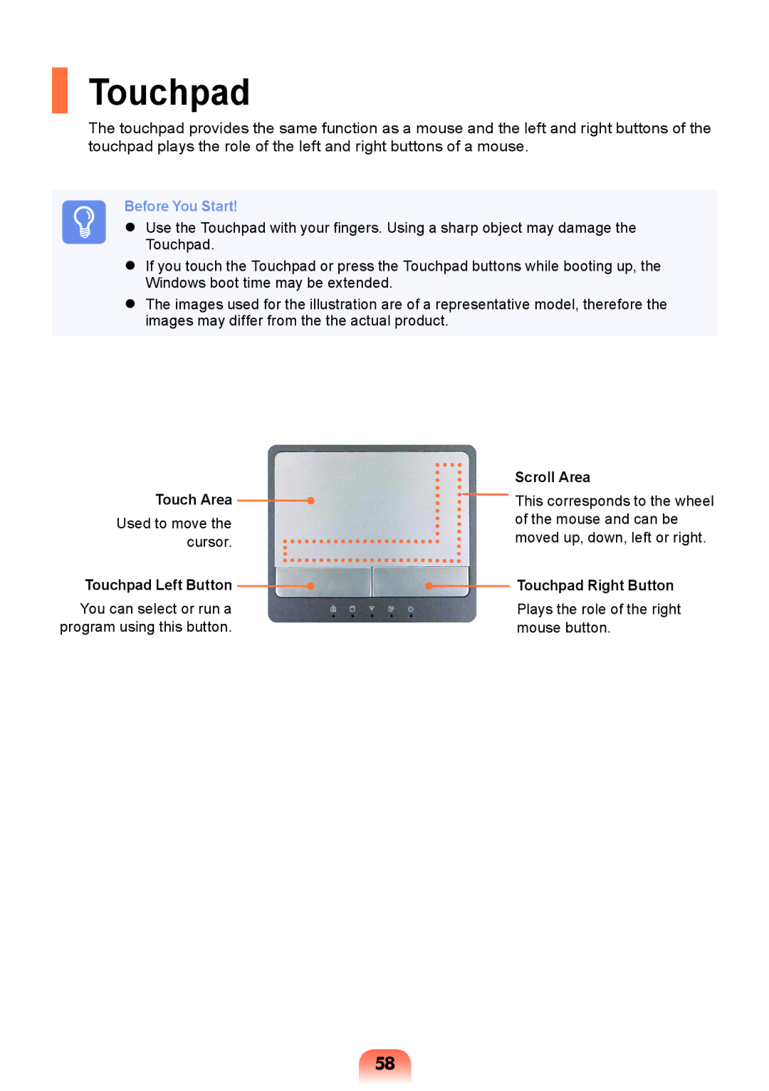 Samsung NP-RV409-A04SA, NP-RV409-S02SA manual Touch Area, Touchpad Left Button, Scroll Area, Touchpad Right Button 