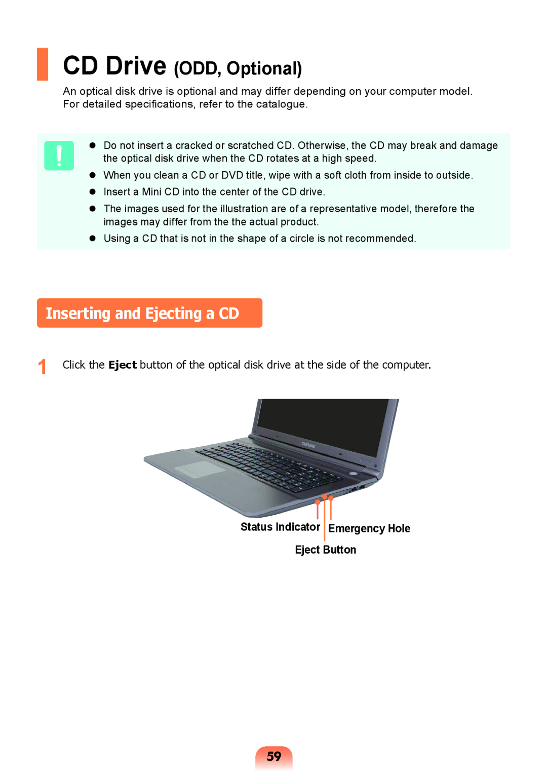 Samsung NP-RV409-S03SA, NP-RV409-S02SA manual Inserting and Ejecting a CD, Status Indicator Emergency Hole Eject Button 