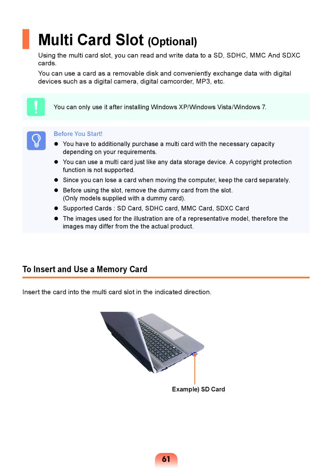 Samsung NP-RV409-A05SA, NP-RV409-S02SA manual Multi Card Slot Optional, To Insert and Use a Memory Card, Example SD Card 