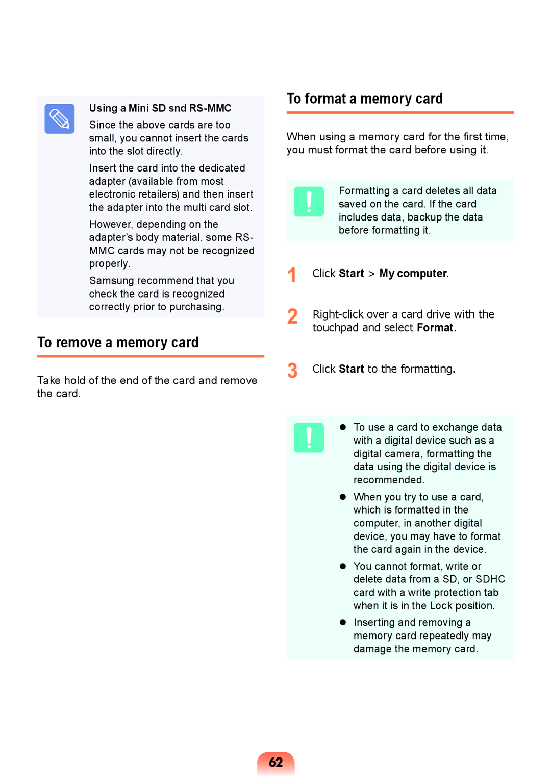 Samsung NP-RC408-S04VN, NP-RV409-S02SA manual To remove a memory card, To format a memory card, Using a Mini SD snd RS-MMC 