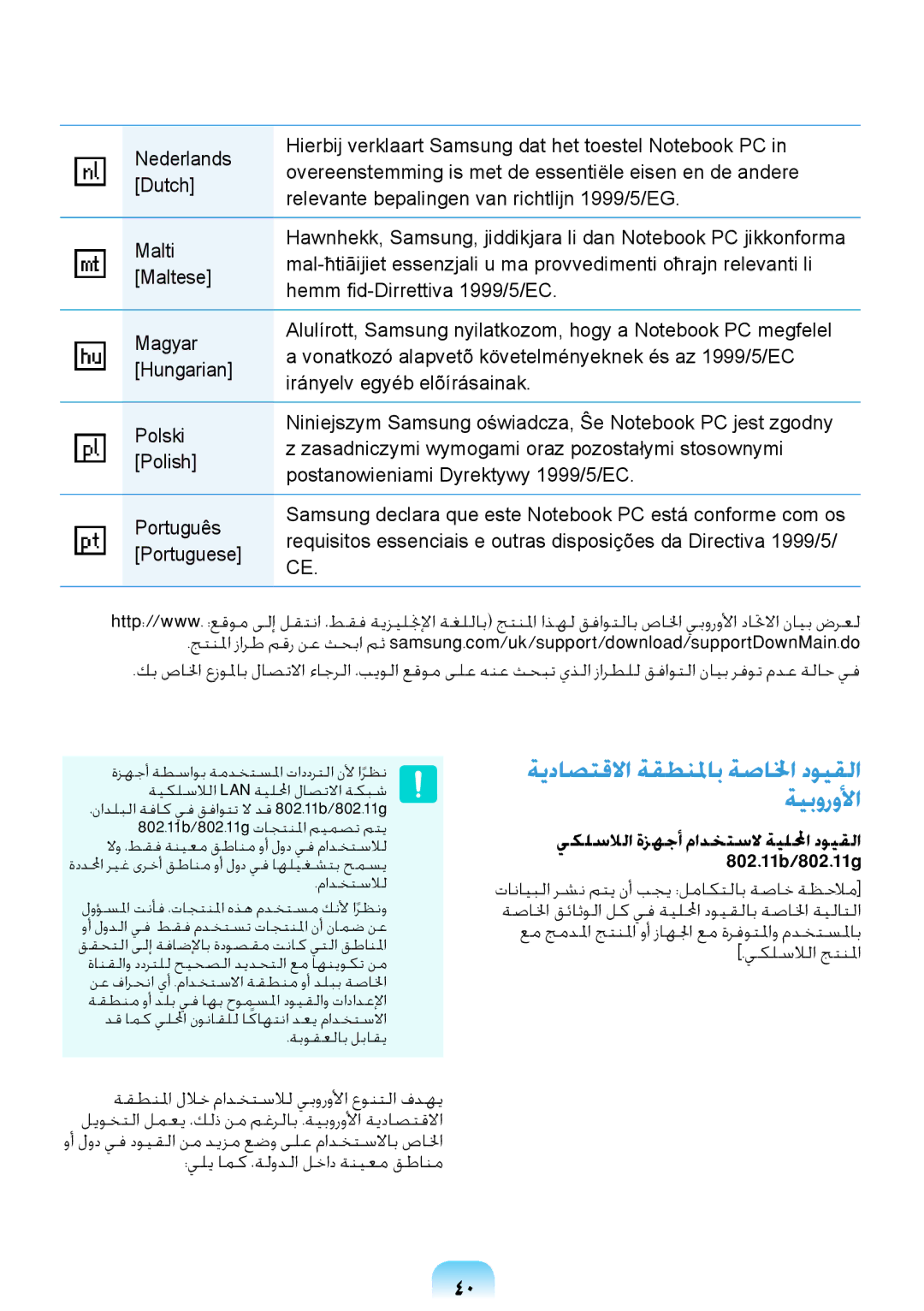 Samsung NP-RV409-A06SA, NP-RV409-S02SA, NP-RV409-A01SA ةيبورولأا, يكلسلالا ةزهجأ مادختسلا ةيللمحا دويقلا, 802.11b/802.11g 