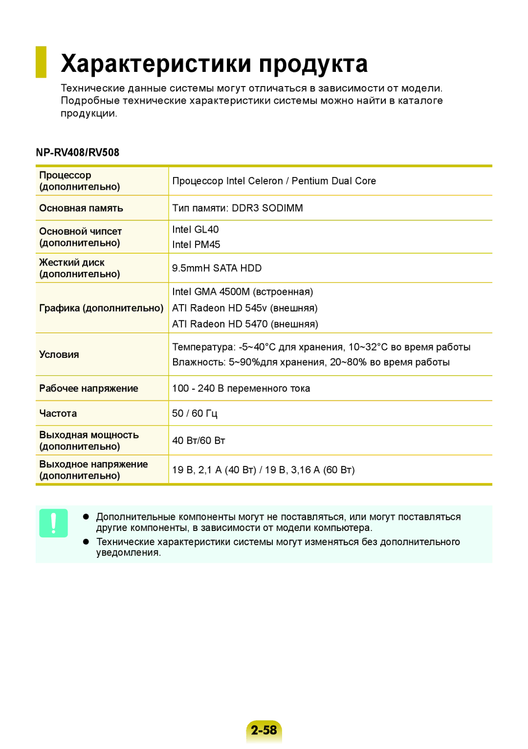 Samsung NP-RV508-A01RU, NP-RV508-A01EE, NP-RV408-A01RU, NP-RV508-A02RU, NP-RV508-S01RU manual Характеристики продукта 