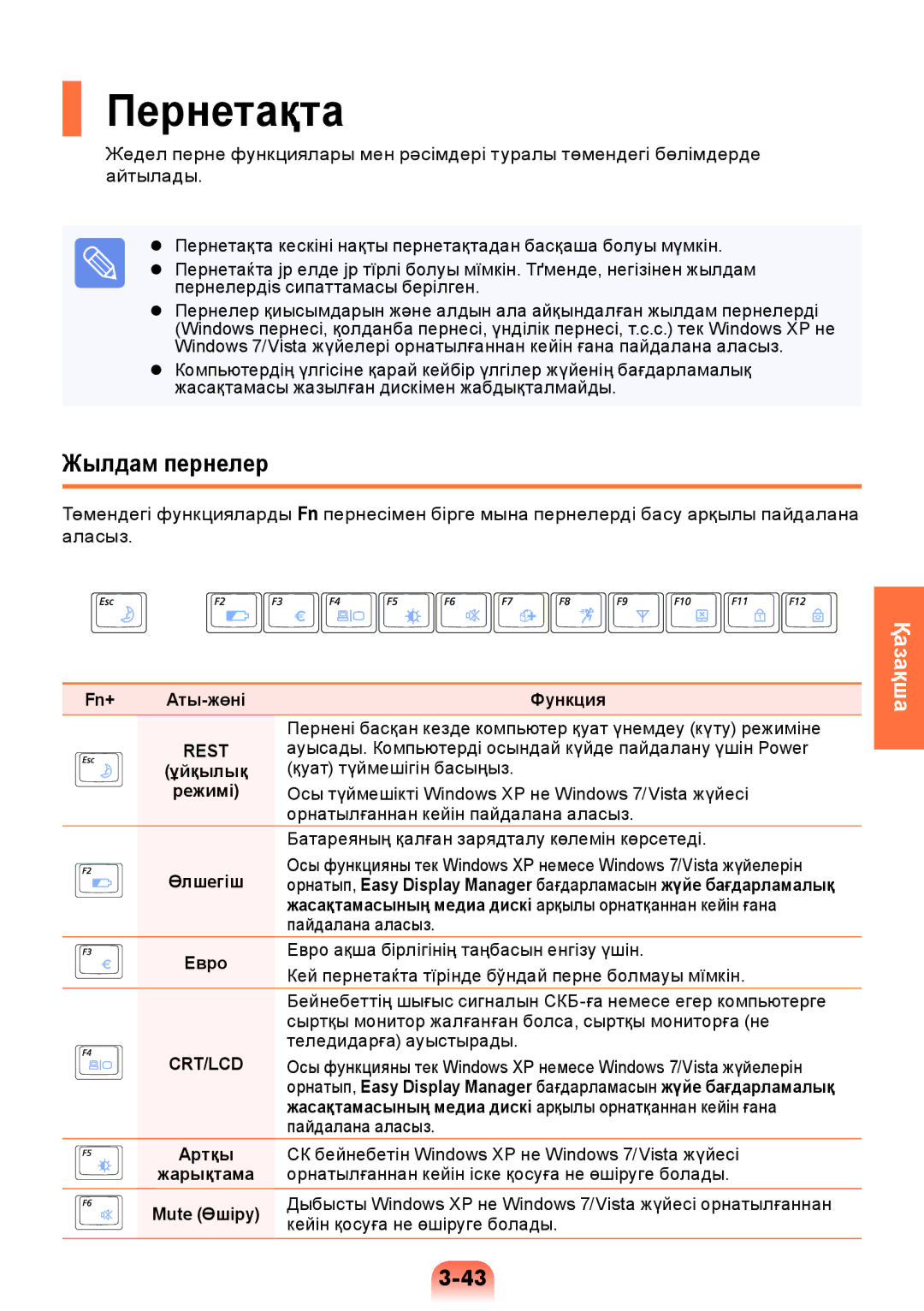 Samsung NP-RV508-A01RU, NP-RV508-A01EE, NP-RV408-A01RU, NP-RV508-A02RU manual Пернетақта, Жылдам пернелер, Ұйқылық, Режимі 