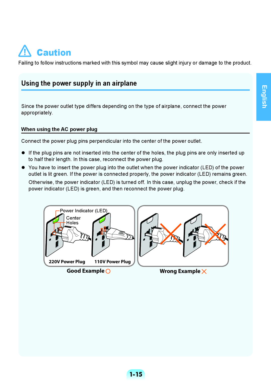 Samsung NP-RV408-A01RU, NP-RV508-A01EE Using the power supply in an airplane, When using the AC power plug, Wrong Example 