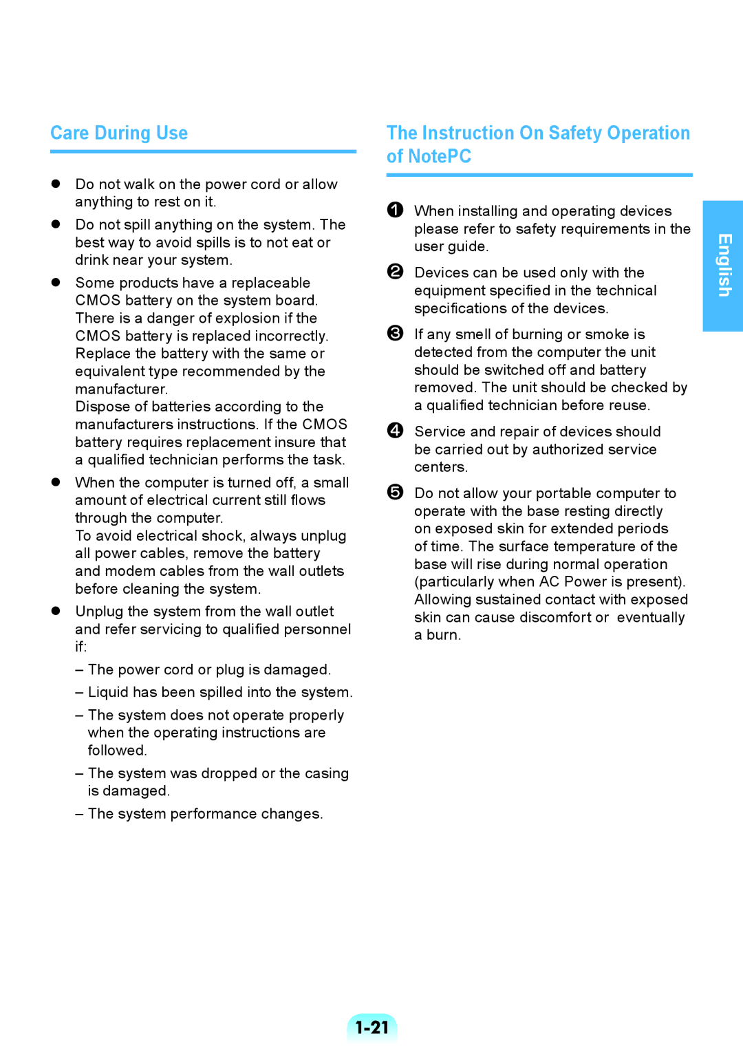 Samsung NP-RV508-A02RU, NP-RV508-A01EE, NP-RV508-A01RU manual Care During Use, Instruction On Safety Operation of NotePC 