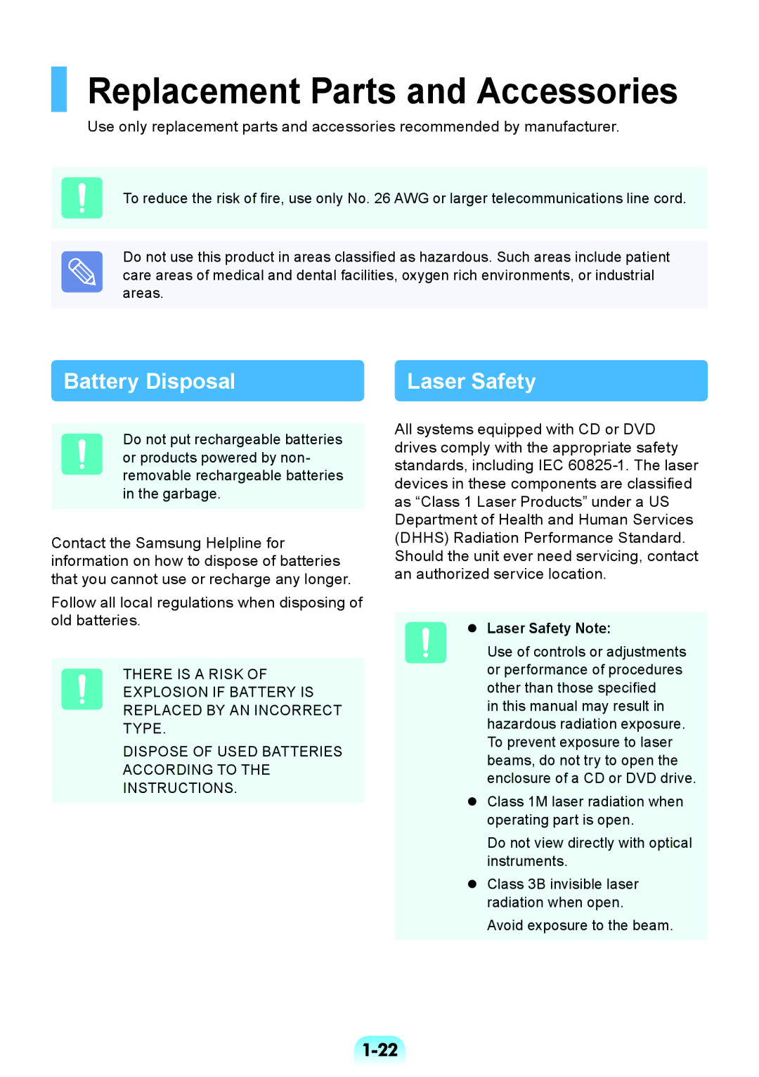 Samsung NP-RV508-S01RU manual Replacement Parts and Accessories, Battery Disposal Laser Safety,  Laser Safety Note 