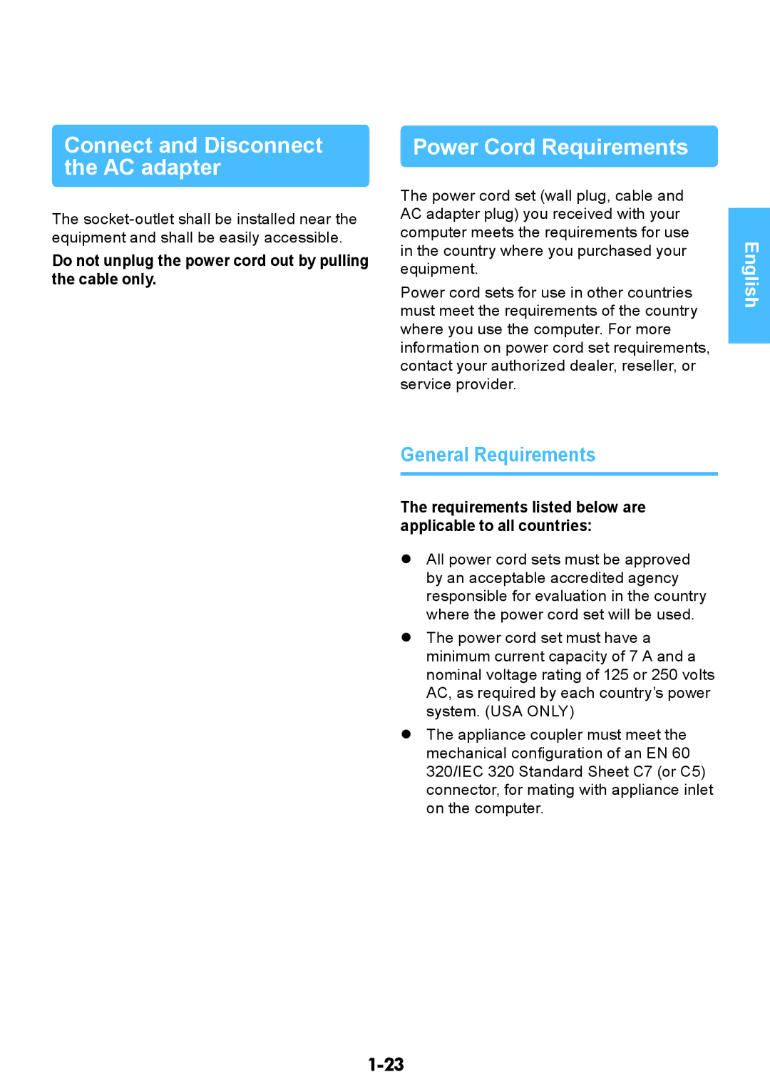 Samsung NP-RV508-A01EE manual Connect and Disconnect the AC adapter, Power Cord Requirements, General Requirements 