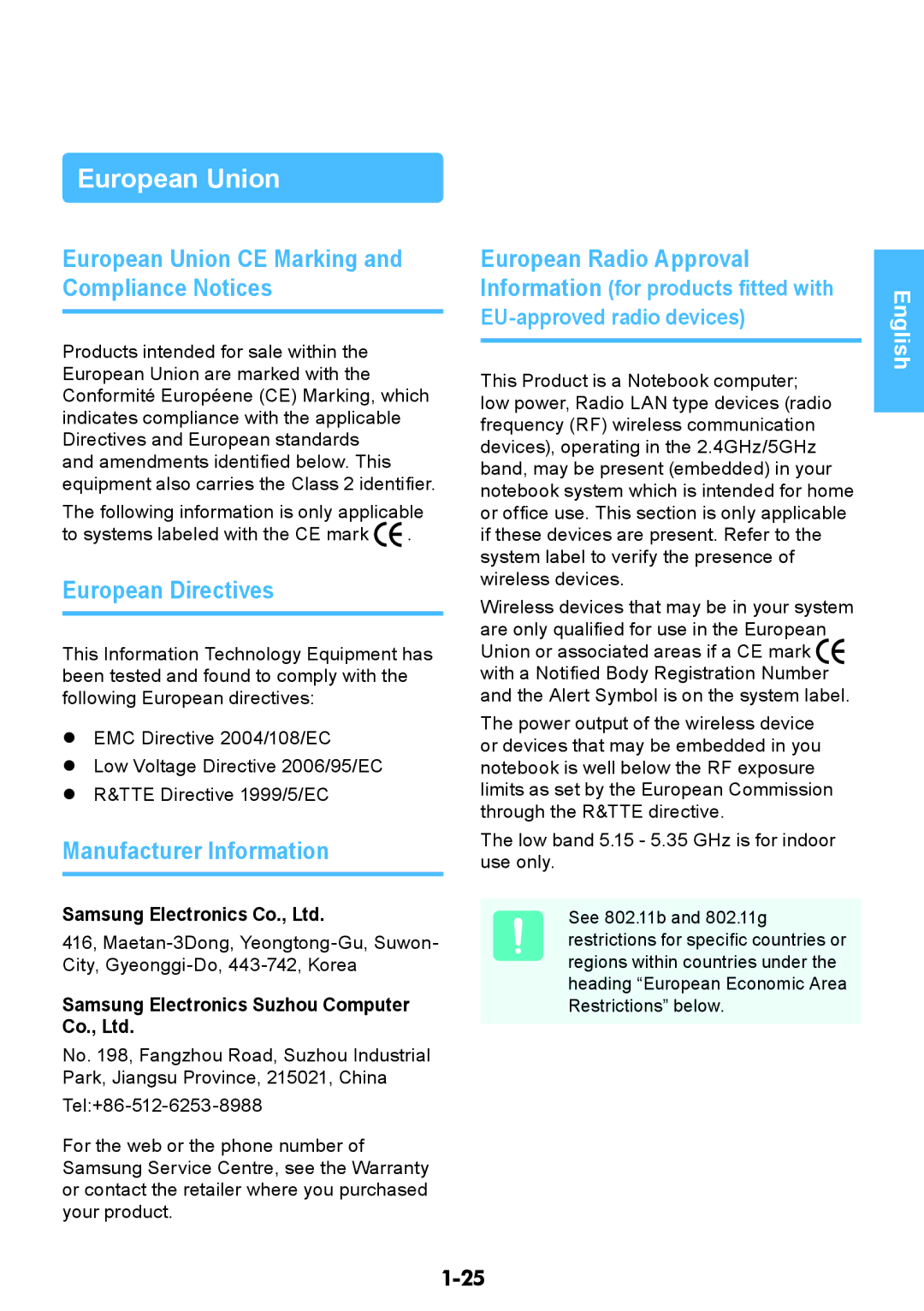 Samsung NP-RV408-A01RU European Union CE Marking and Compliance Notices, European Directives, Manufacturer Information 