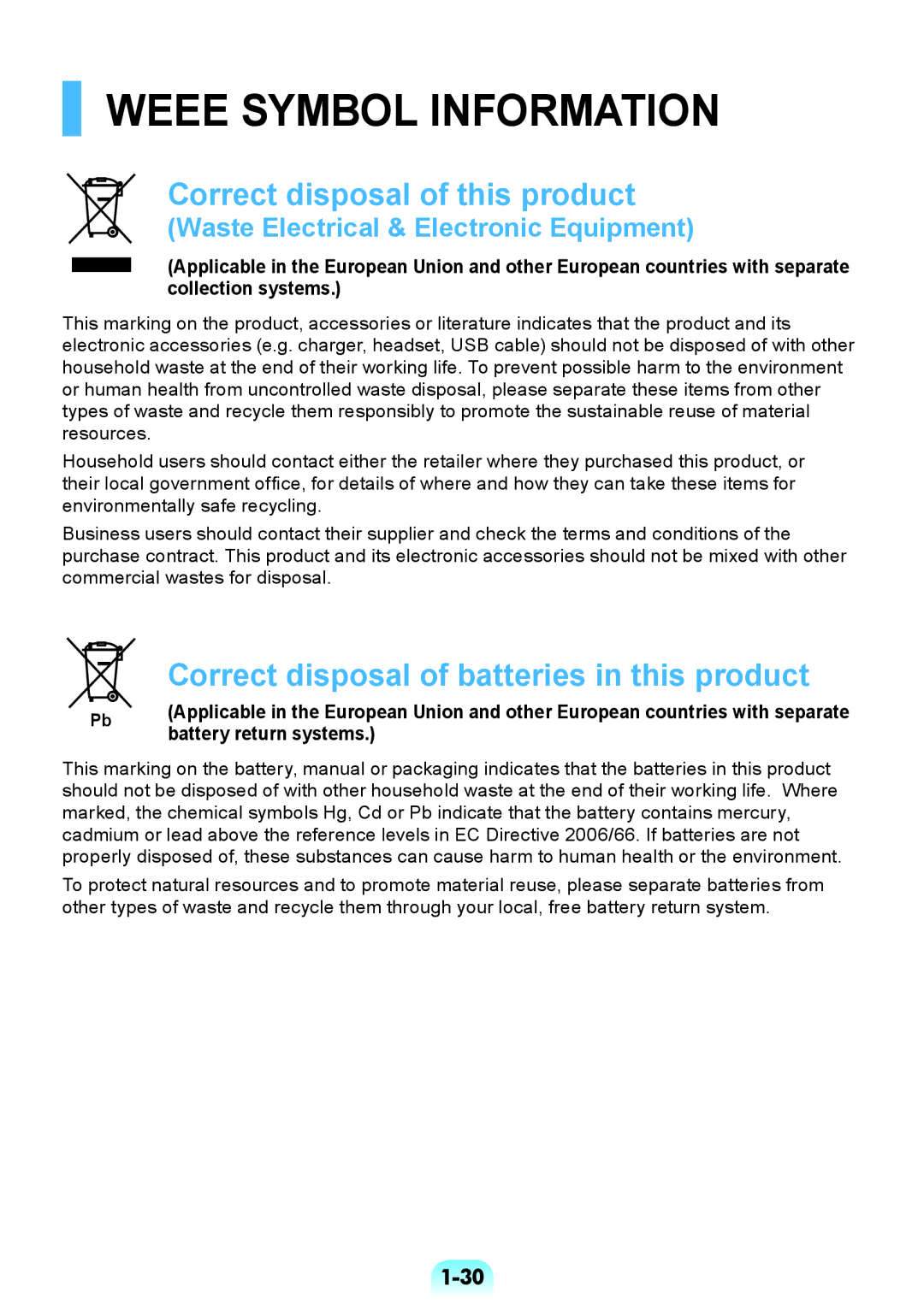 Samsung NP-RV408-A01RU, NP-RV508-A01EE, NP-RV508-A01RU, NP-RV508-A02RU manual Weee Symbol Information, Battery return systems 