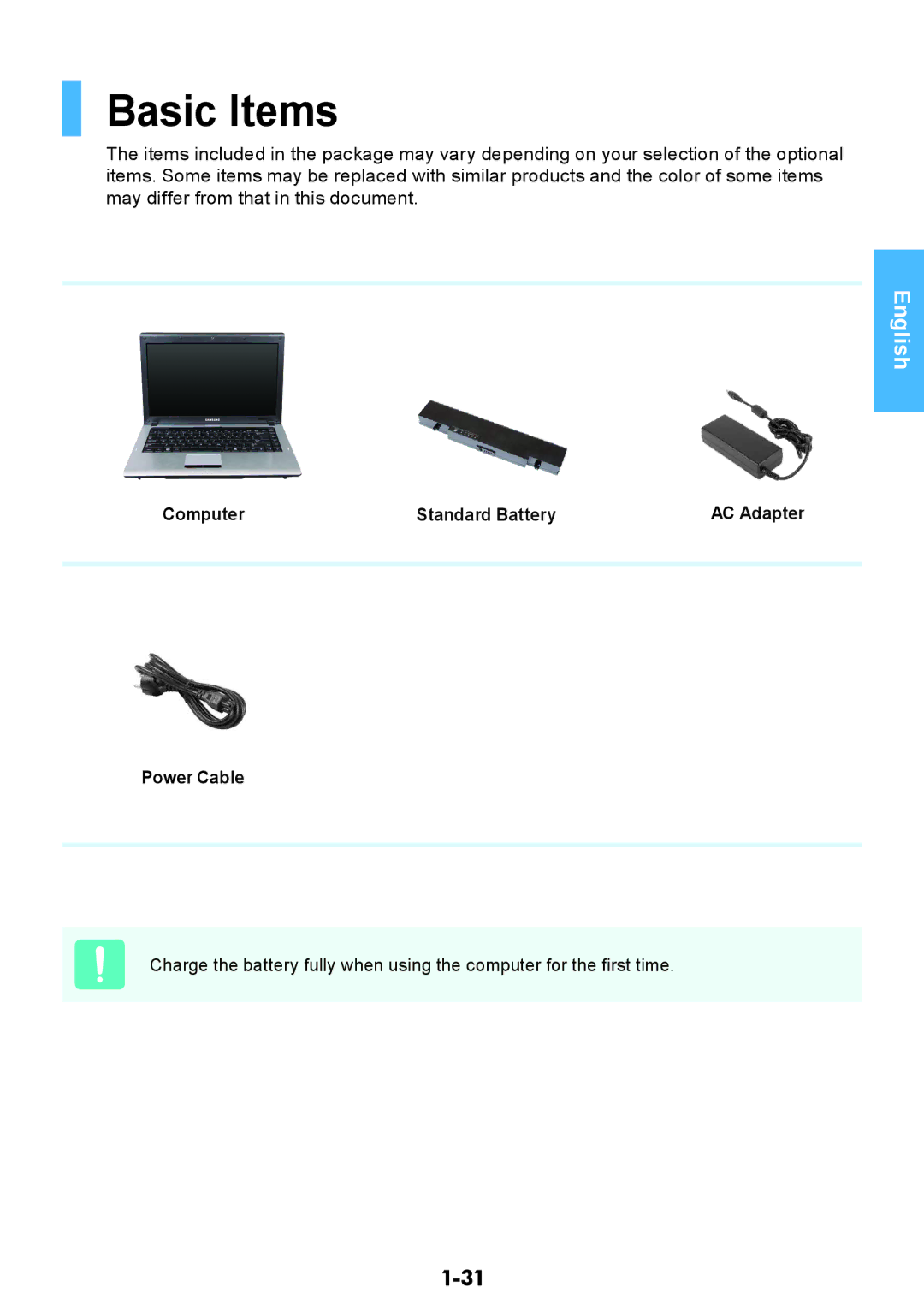 Samsung NP-RV508-A02RU, NP-RV508-A01EE, NP-RV508-A01RU manual Basic Items, Computer Standard Battery AC Adapter Power Cable 