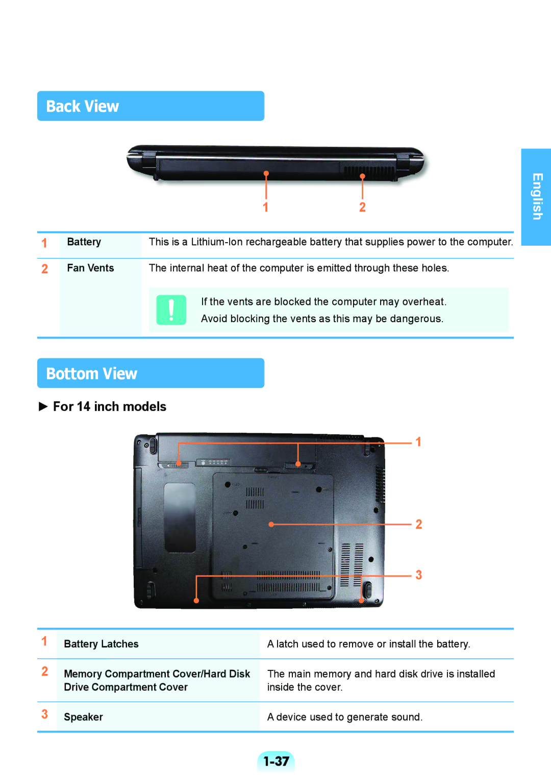 Samsung NP-RV508-S01RU, NP-RV508-A01EE, NP-RV508-A01RU, NP-RV408-A01RU manual Back View, Bottom View, Battery Latches 