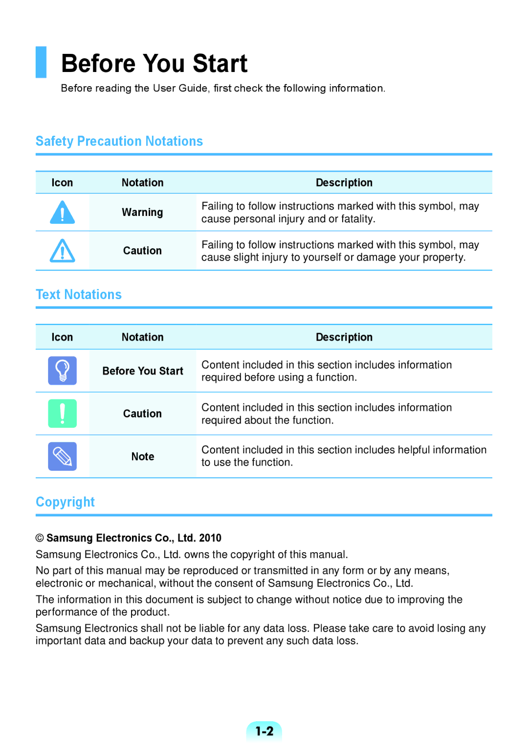 Samsung NP-RV508-S01RU Before You Start, Safety Precaution Notations, Text Notations, Copyright, Icon Notation Description 