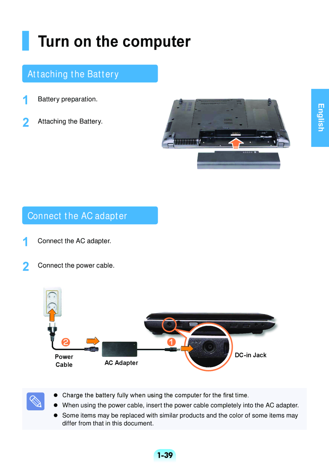 Samsung NP-RV508-A01RU manual Turn on the computer, Attaching the Battery, Connect the AC adapter, Power, Cable AC Adapter 