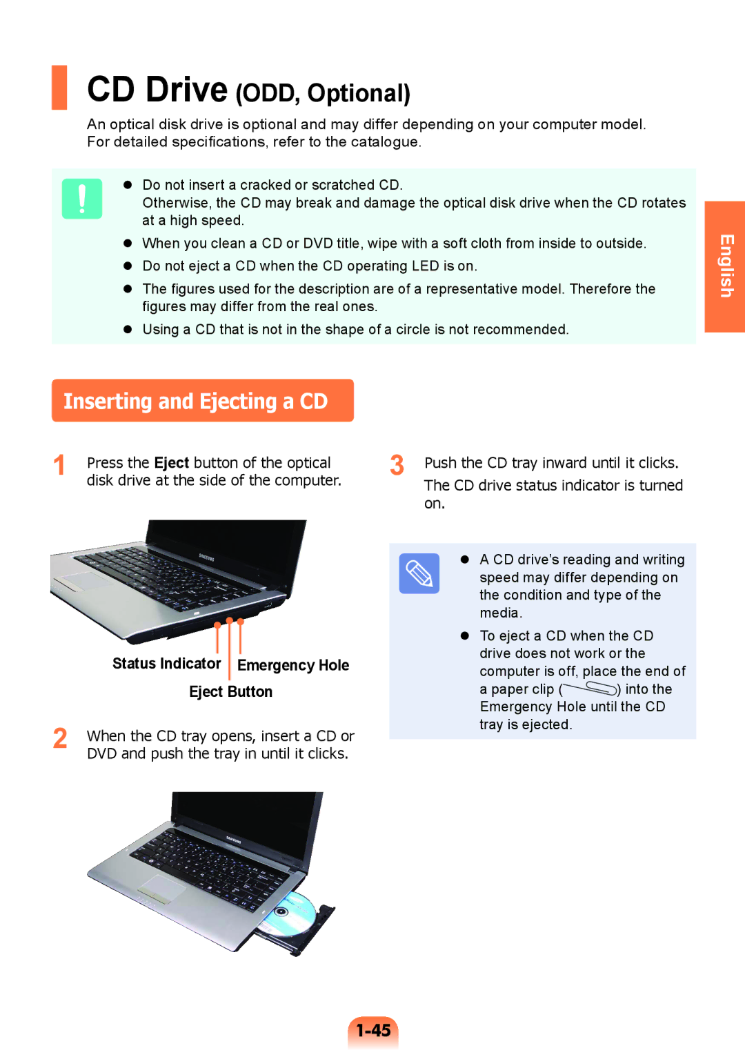 Samsung NP-RV408-A01RU, NP-RV508-A01EE manual Inserting and Ejecting a CD, Status Indicator Emergency Hole, Eject Button 