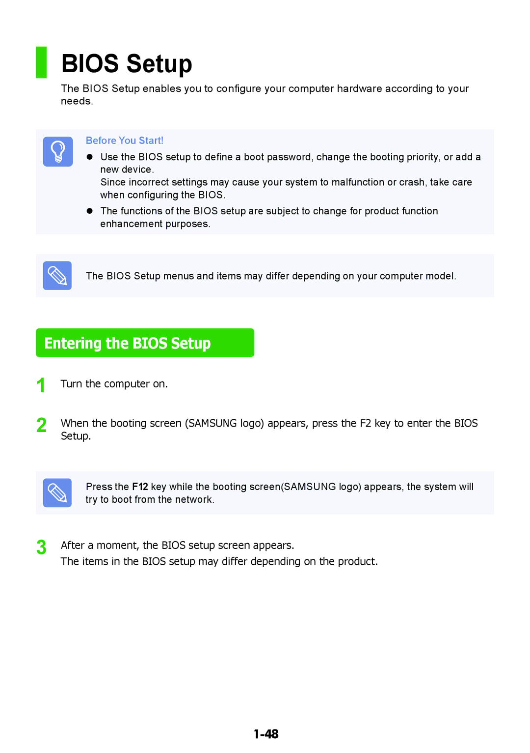 Samsung NP-RV508-A01EE, NP-RV508-A01RU, NP-RV408-A01RU manual Entering the Bios Setup, Try to boot from the network 