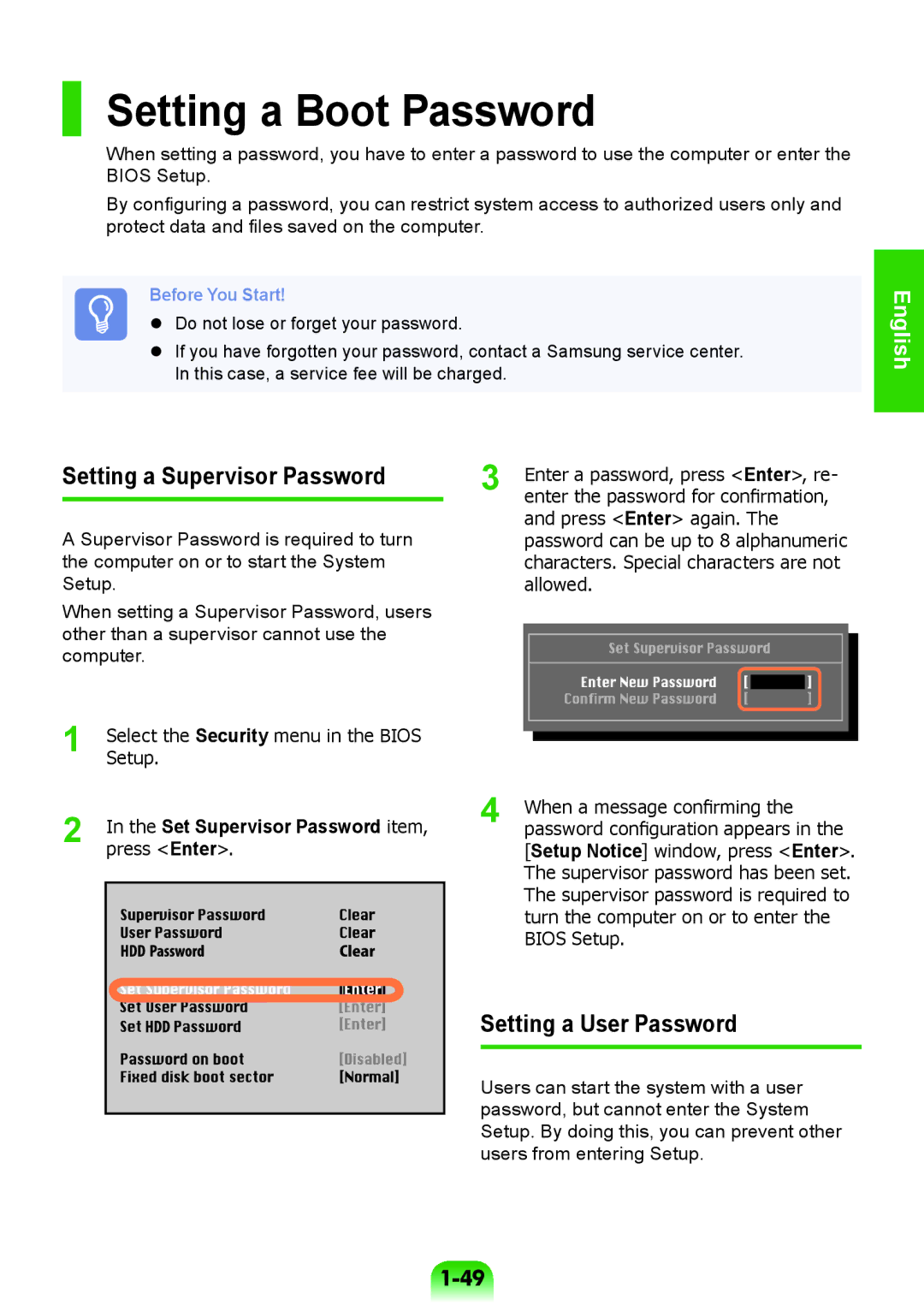 Samsung NP-RV508-A01RU, NP-RV508-A01EE Setting a Boot Password, Setting a Supervisor Password, Setting a User Password 