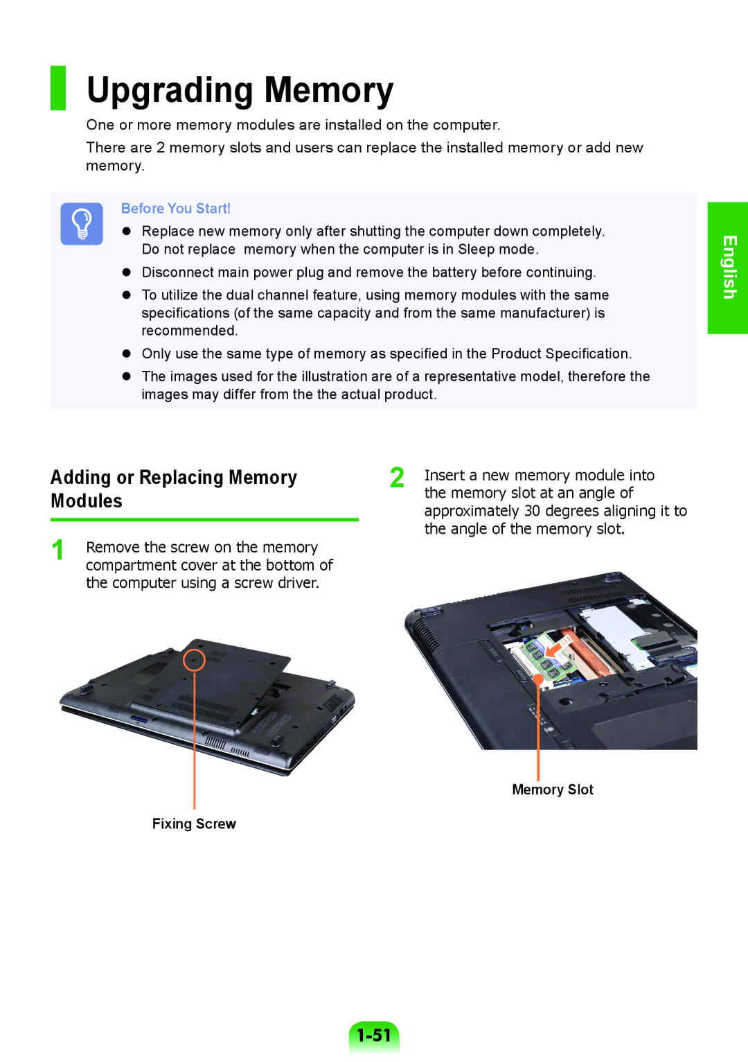 Samsung NP-RV508-A02RU, NP-RV508-A01EE manual Upgrading Memory, Adding or Replacing Memory Modules, Memory Slot Fixing Screw 