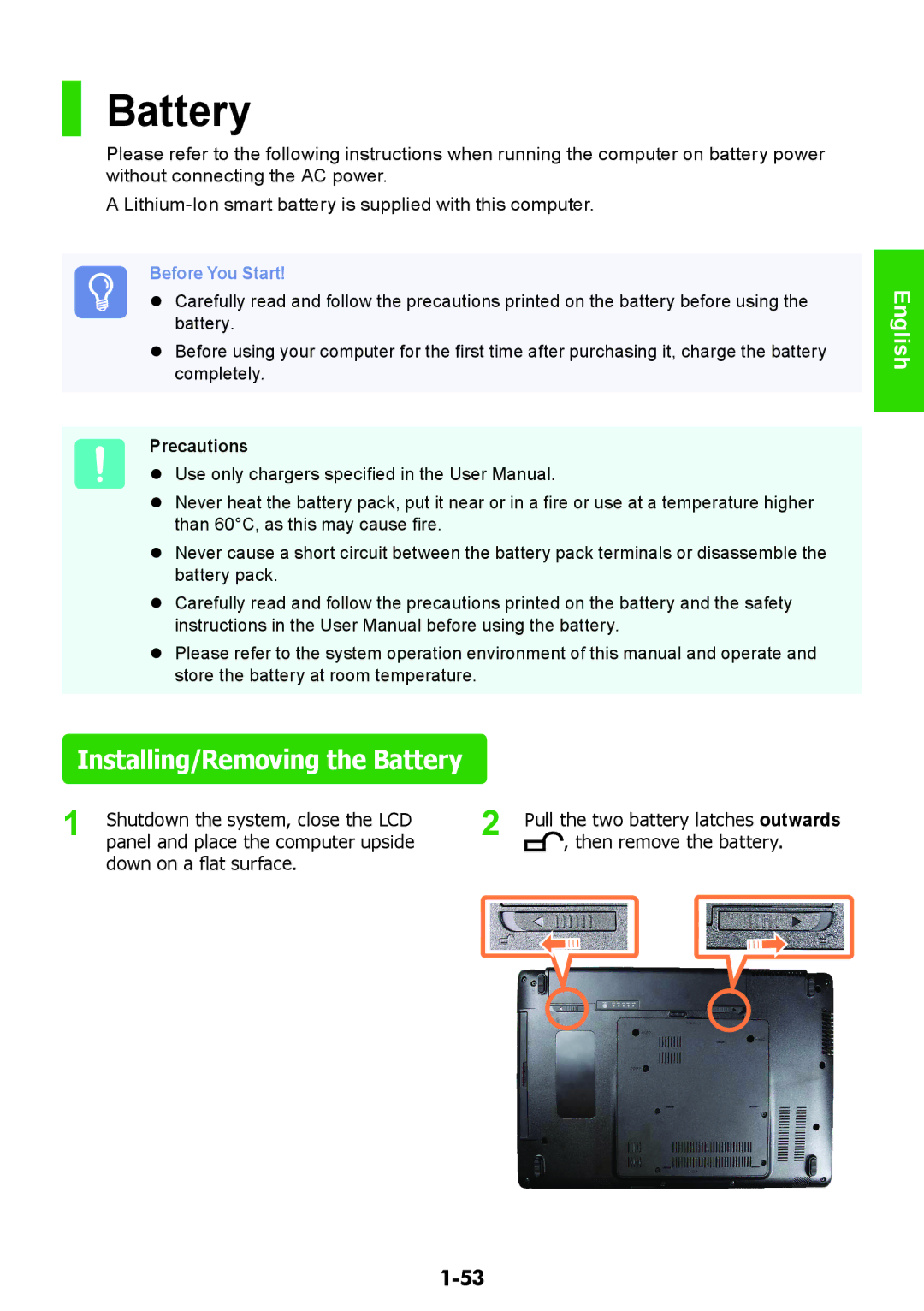Samsung NP-RV508-A01EE, NP-RV508-A01RU, NP-RV408-A01RU, NP-RV508-A02RU manual Installing/Removing the Battery, Precautions 