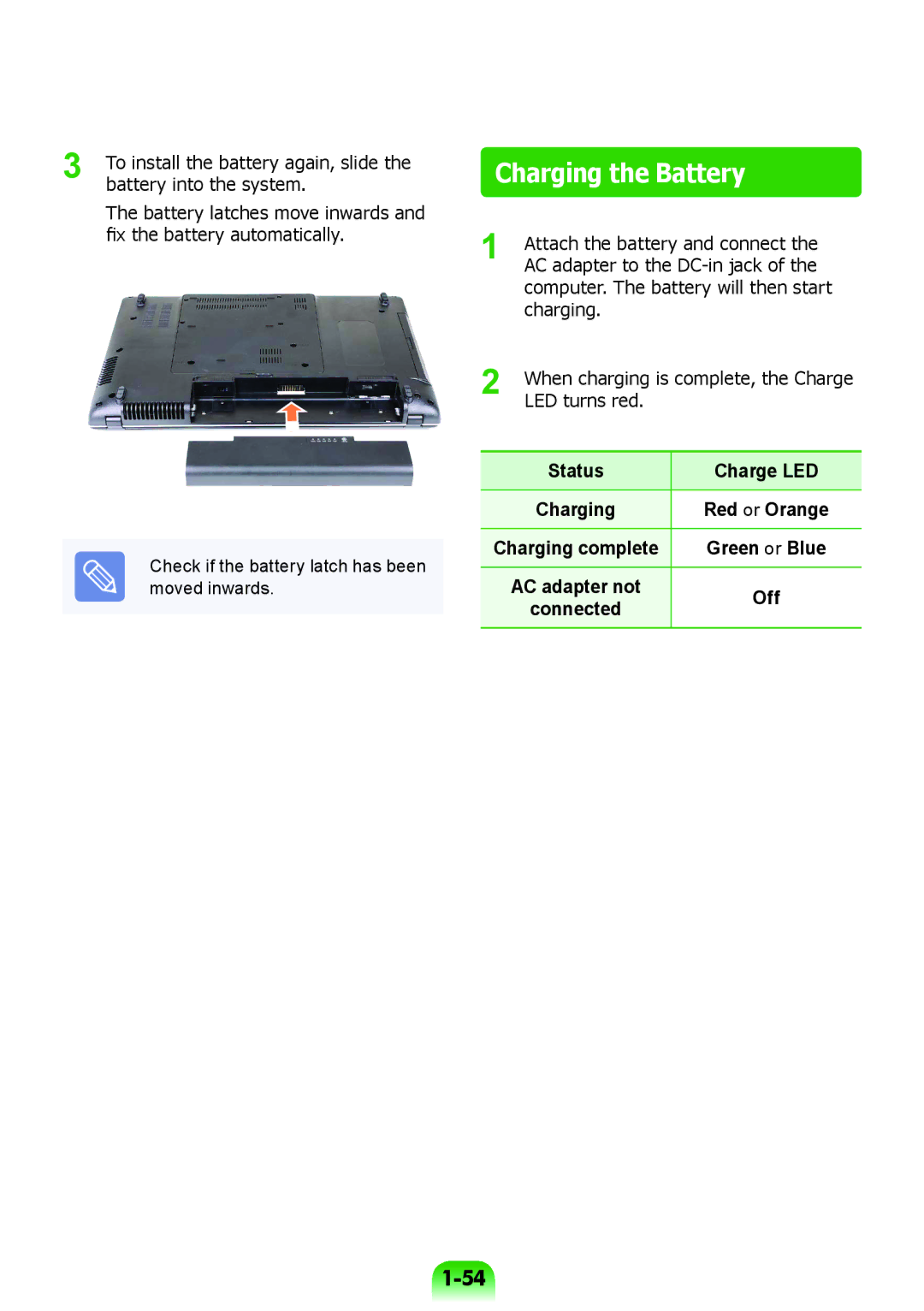 Samsung NP-RV508-A01RU, NP-RV508-A01EE manual Charging the Battery, Check if the battery latch has been moved inwards, Off 