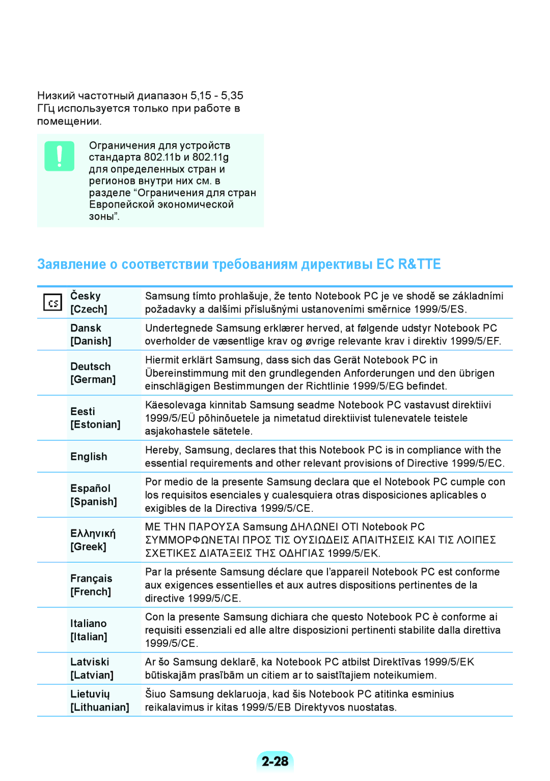 Samsung NP-RV508-A01RU manual Заявление о соответствии требованиям директивы ЕС R&TTE, Exigibles de la Directiva 1999/5/CE 