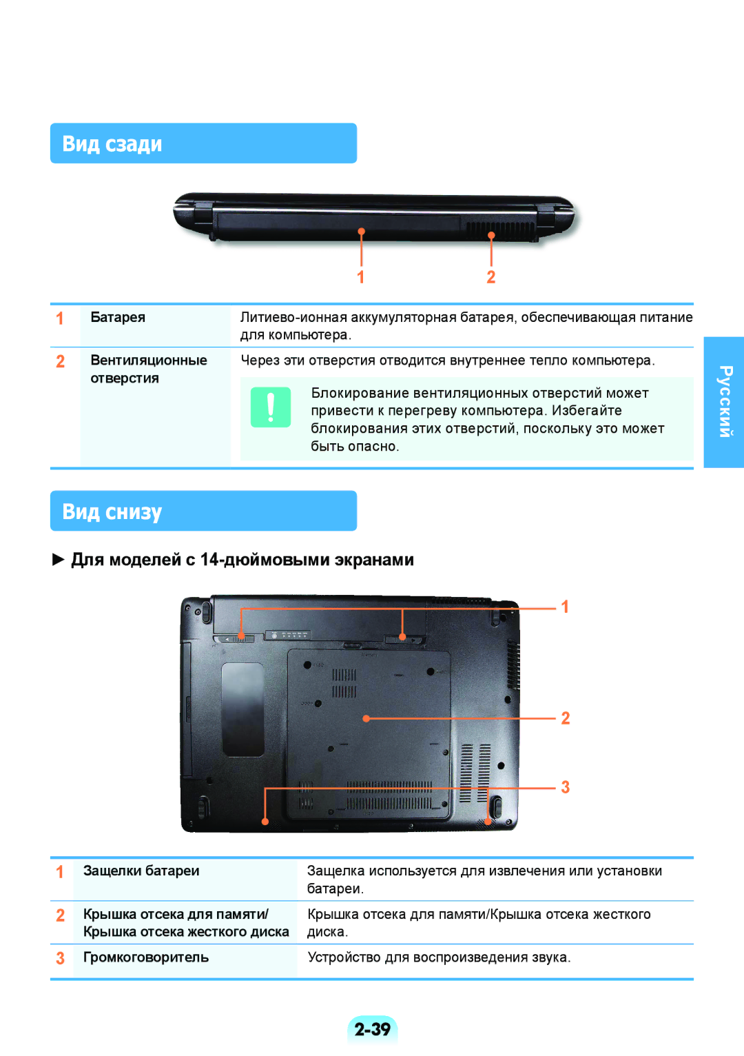 Samsung NP-RV408-A01RU, NP-RV508-A01EE manual Вид сзади, Вид снизу, Отверстия, Диска, Устройство для воспроизведения звука 