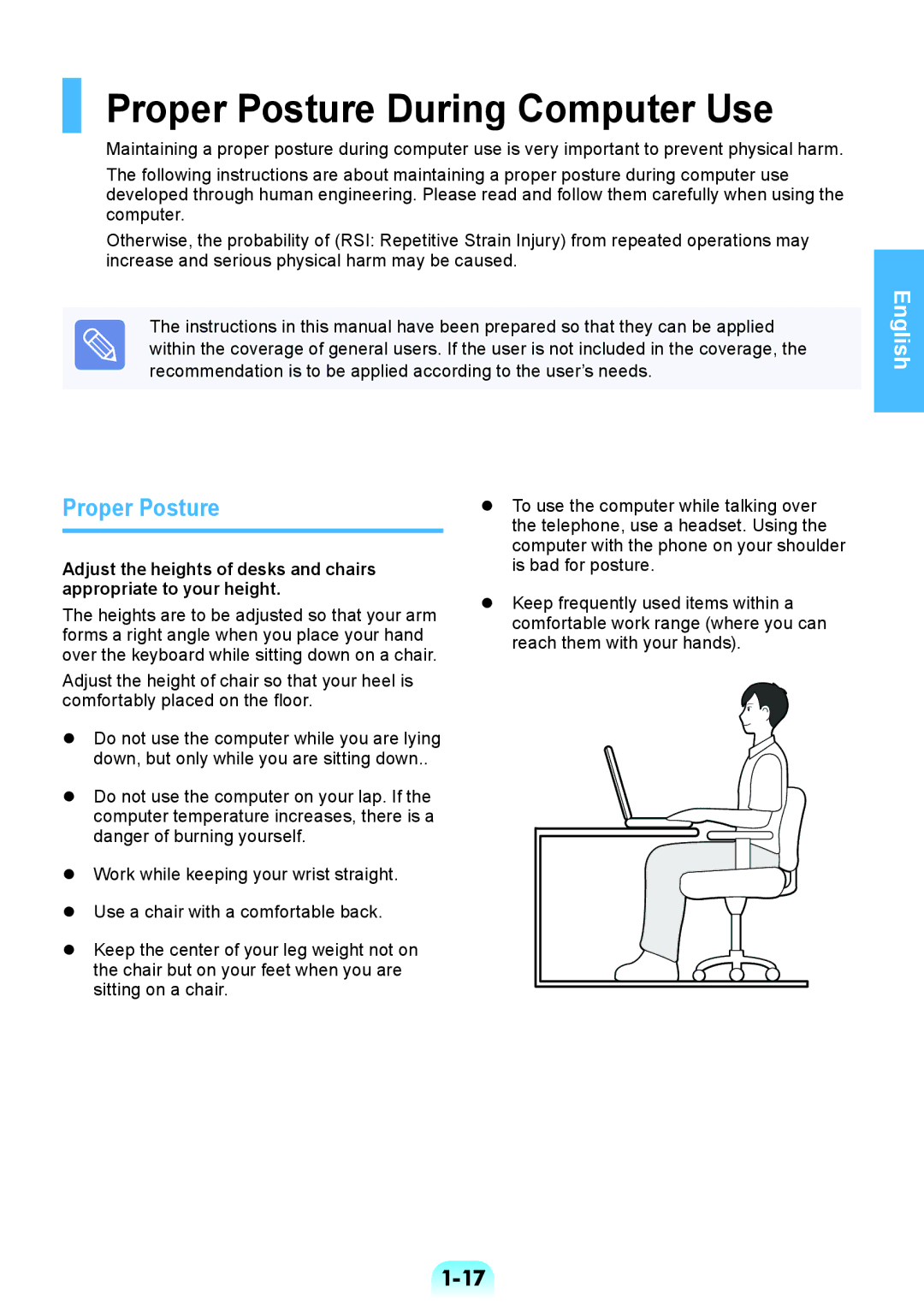 Samsung NP-RV508-S03UA, NP-RV508-A02UA, NP-RV508-S02UA, NP-RV508-A02HU manual Proper Posture During Computer Use 