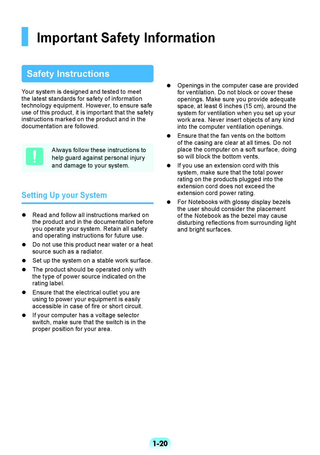 Samsung NP-RV508-A02UA, NP-RV508-S03UA manual Important Safety Information, Safety Instructions, Setting Up your System 