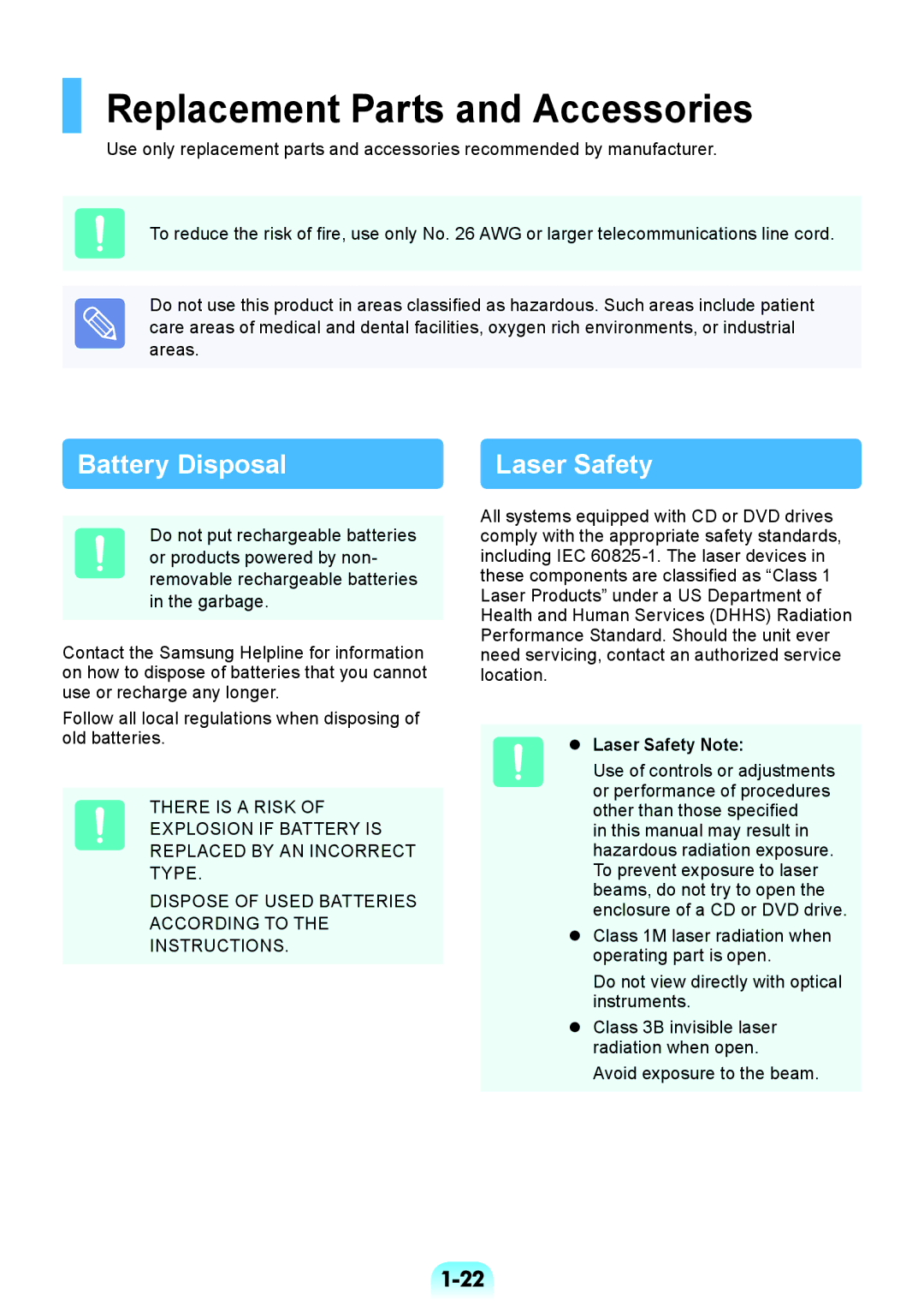 Samsung NP-RV508-S02UA, NP-RV508-A02UA manual Replacement Parts and Accessories, Battery Disposal,  Laser Safety Note 