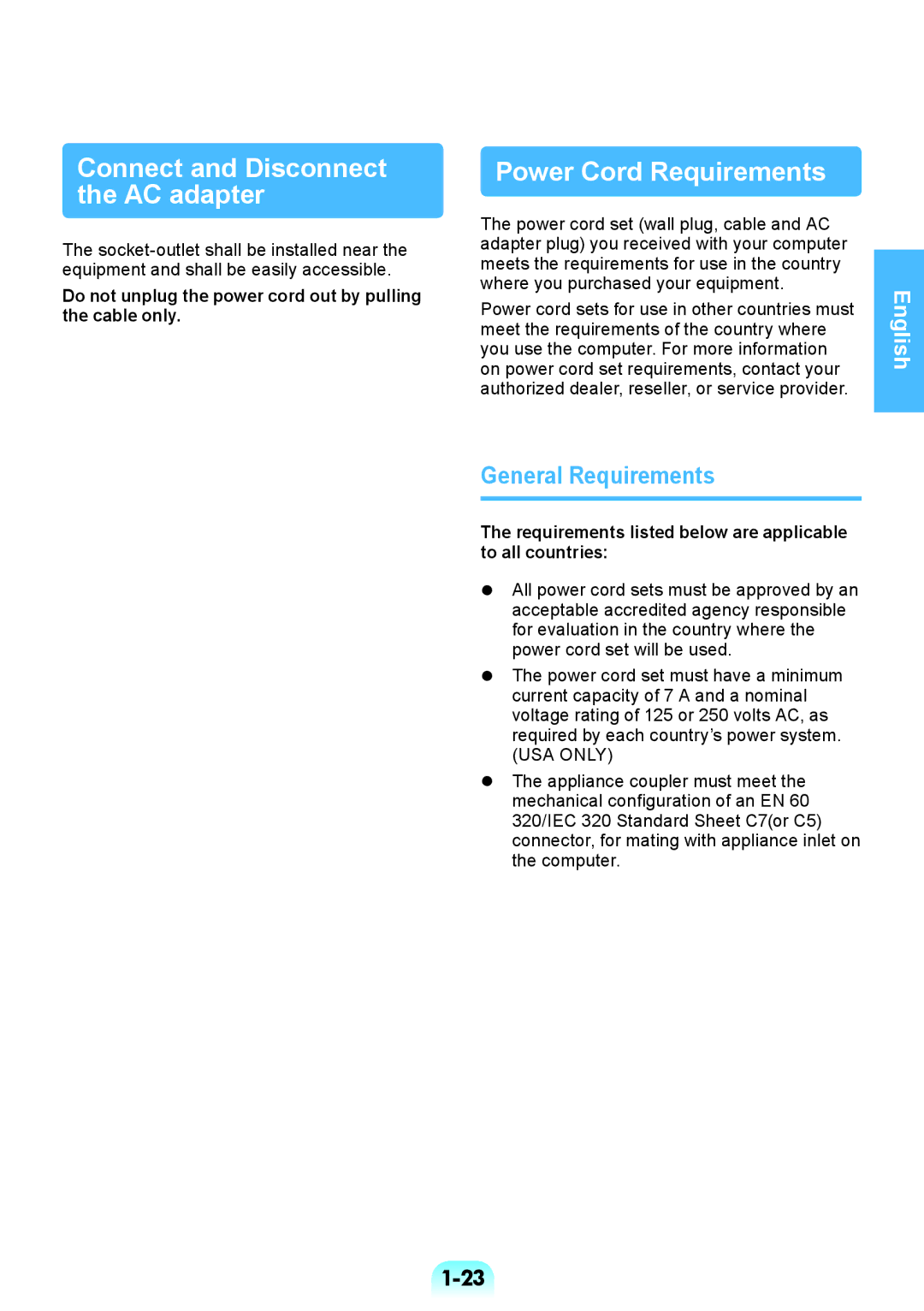 Samsung NP-RV508-A02HU manual Connect and Disconnect the AC adapter, Power Cord Requirements, General Requirements 