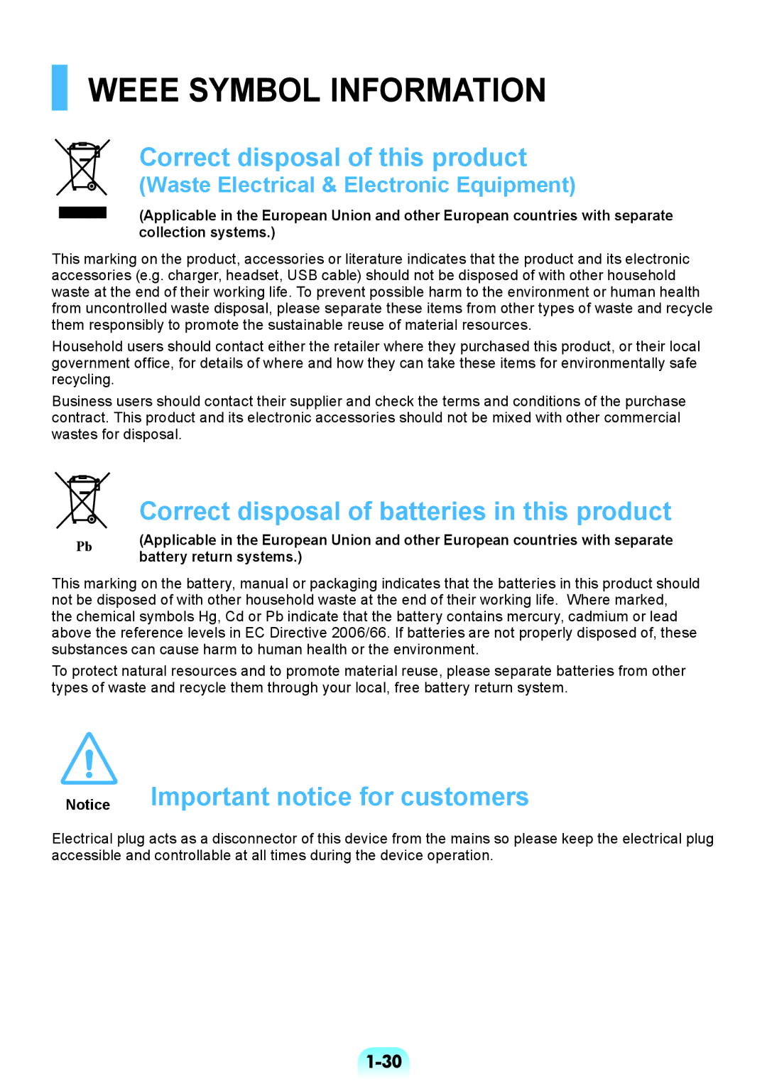 Samsung NP-RV508-S02UA, NP-RV508-A02UA, NP-RV508-S03UA, NP-RV508-A02HU manual Weee Symbol Information, Battery return systems 