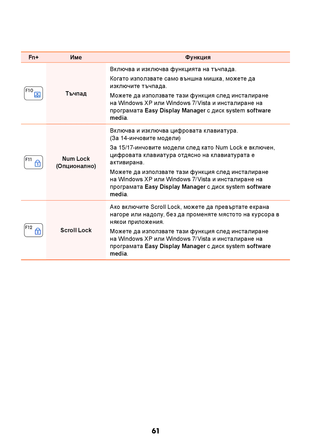 Samsung NP-RV509-S01BG, NP-RV509IBM/BG, NP-RV509-A01BG manual Включва и изключва функцията на тъчпада 