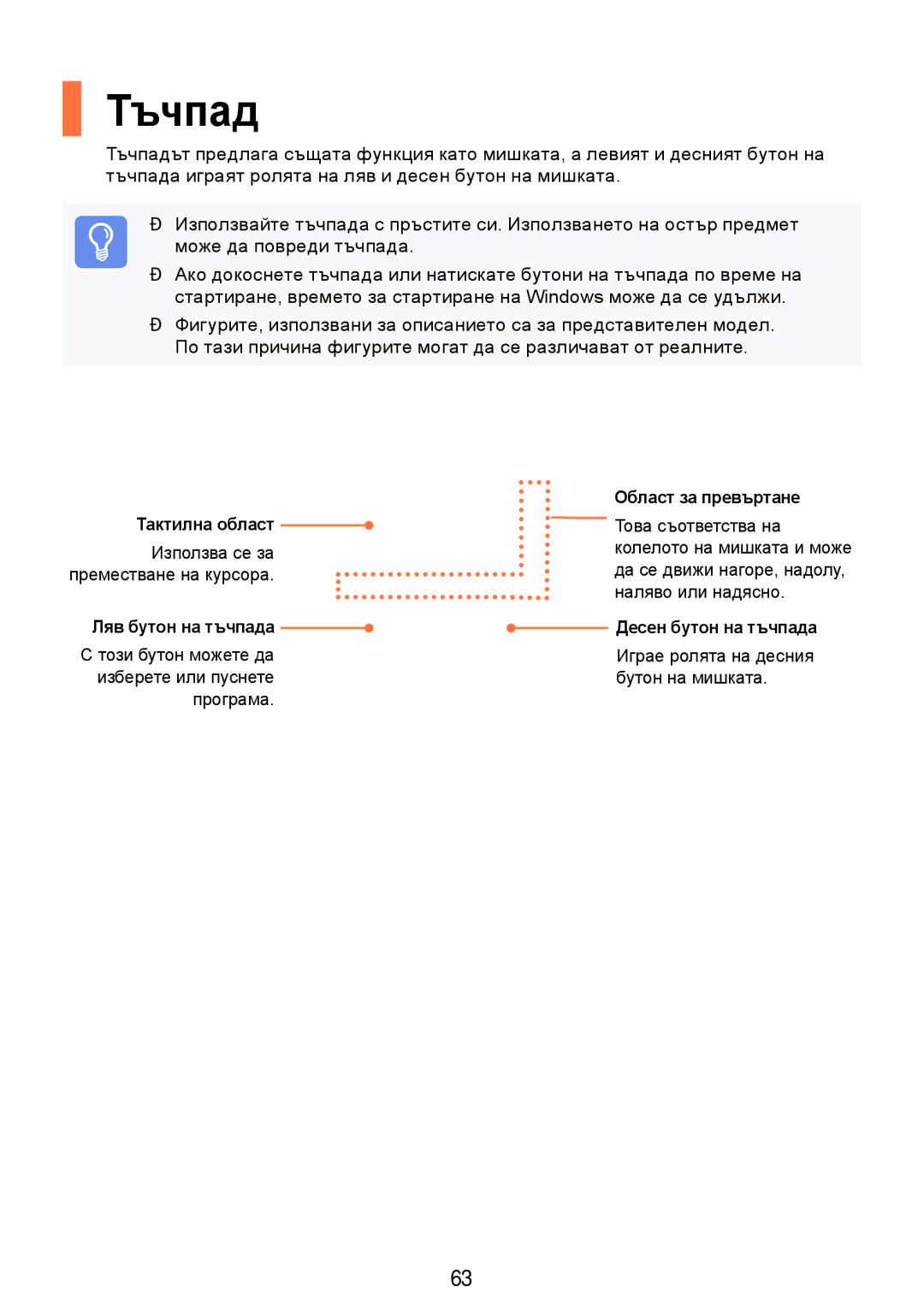 Samsung NP-RV509IBM/BG manual Тъчпад, Тактилна област, Ляв бутон на тъчпада, Област за превъртане, Десен бутон на тъчпада 