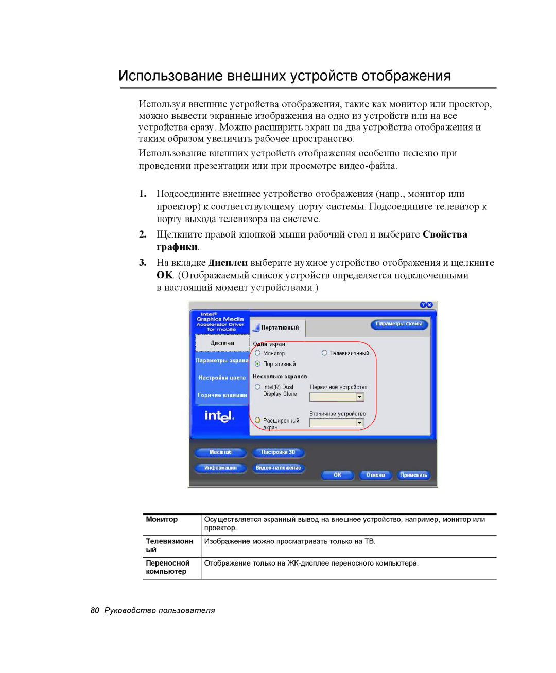 Samsung NP-X06/M00/SER, NP-X06K000/SER manual Использование внешних устройств отображения, 80 Руководство пользователя 