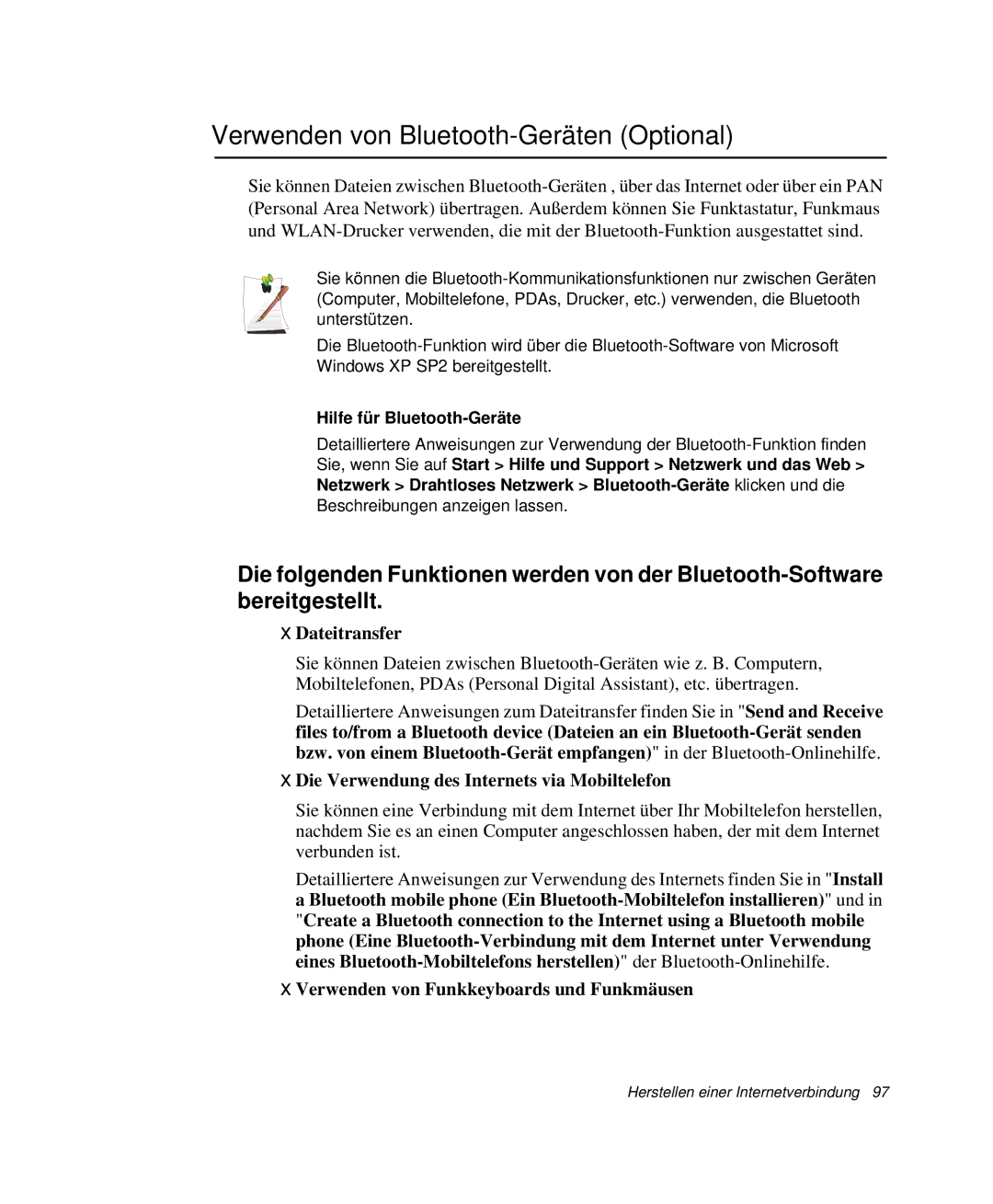 Samsung NP-X1-T000/SEG Verwenden von Bluetooth-Geräten Optional, Dateitransfer, Verwenden von Funkkeyboards und Funkmäusen 