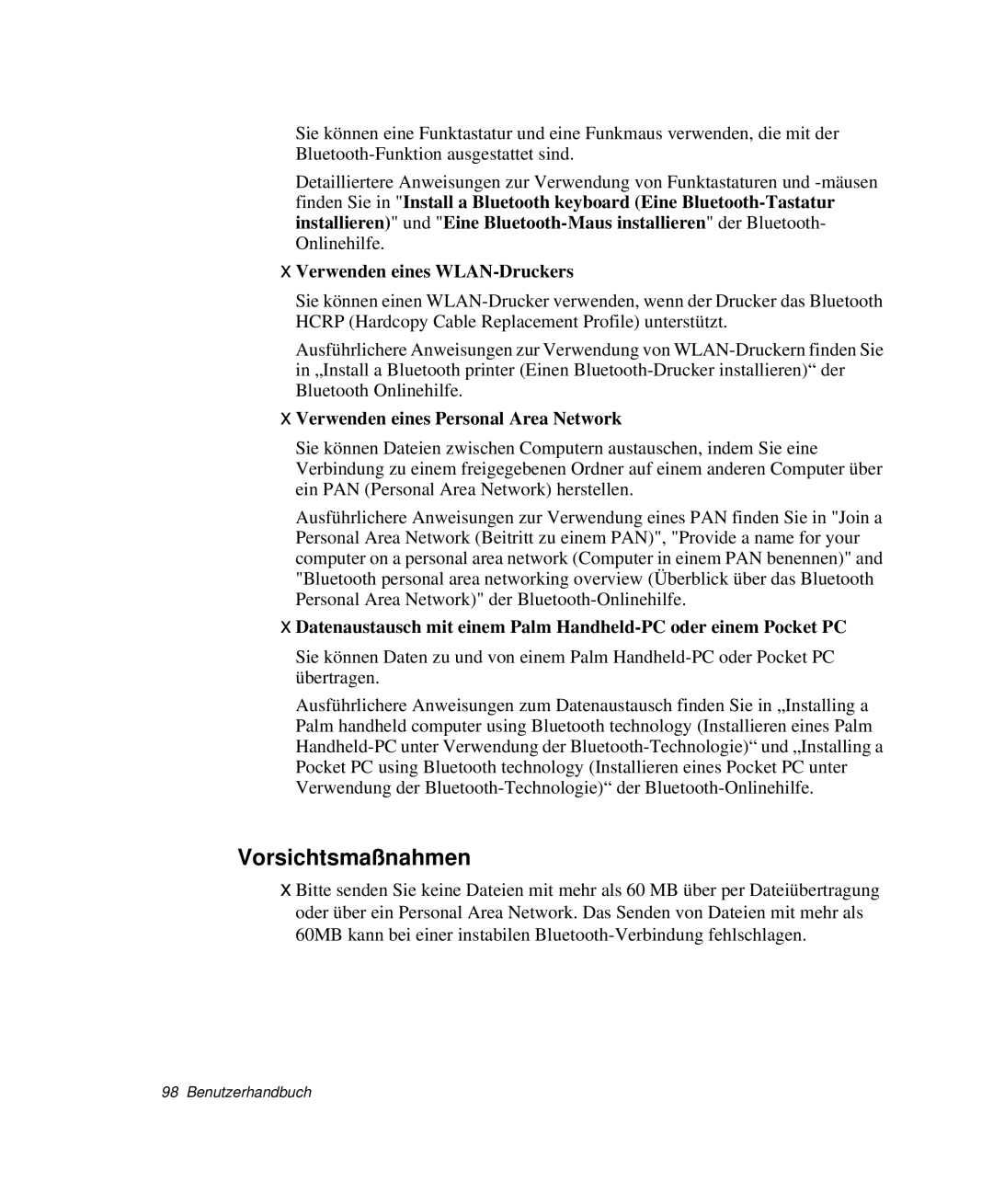 Samsung NP-X1-T003/SEG manual Vorsichtsmaßnahmen, Verwenden eines WLAN-Druckers, Verwenden eines Personal Area Network 