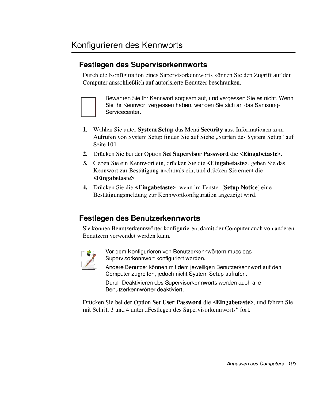 Samsung NP-X1-T003/SEG Konfigurieren des Kennworts, Festlegen des Supervisorkennworts, Festlegen des Benutzerkennworts 