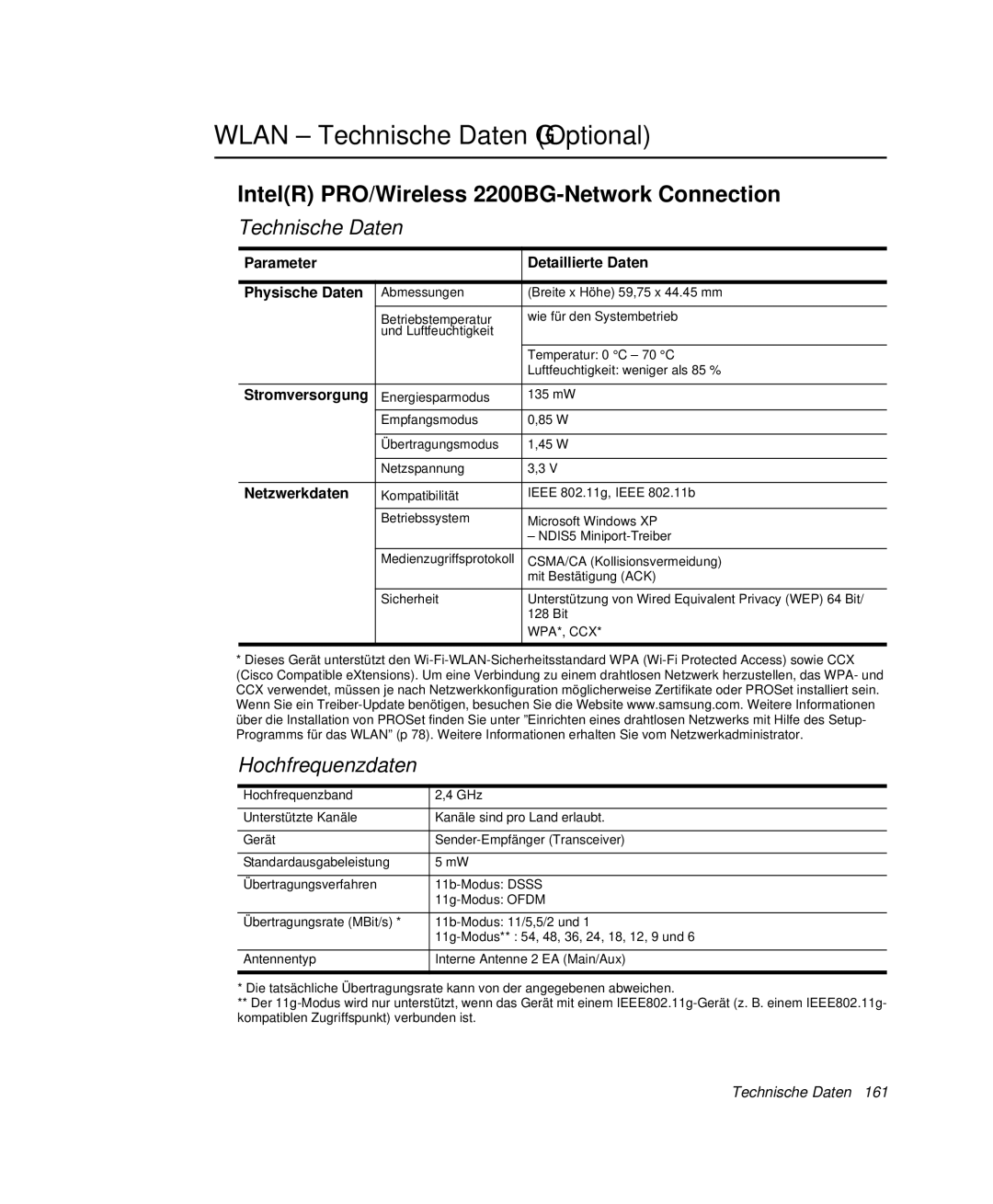 Samsung NP-X1-T002/SEG Wlan Technische Daten Optional, IntelR PRO/Wireless 2200BG-Network Connection, Hochfrequenzdaten 