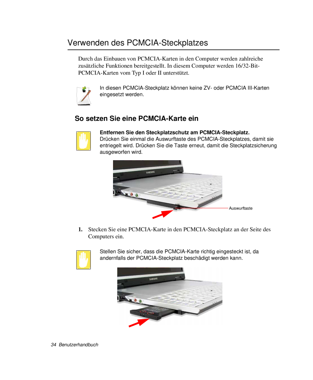 Samsung NP-X1-T001/SEG, NP-X1-C000/SEG manual Verwenden des PCMCIA-Steckplatzes, So setzen Sie eine PCMCIA-Karte ein 