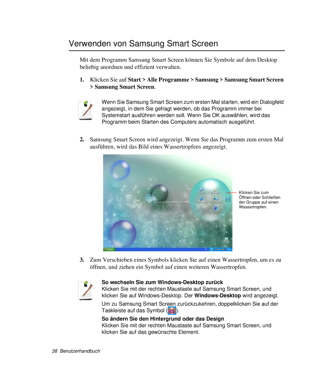 Samsung NP-X1-T003/SEG, NP-X1-C000/SEG manual Verwenden von Samsung Smart Screen, So wechseln Sie zum Windows-Desktop zurück 