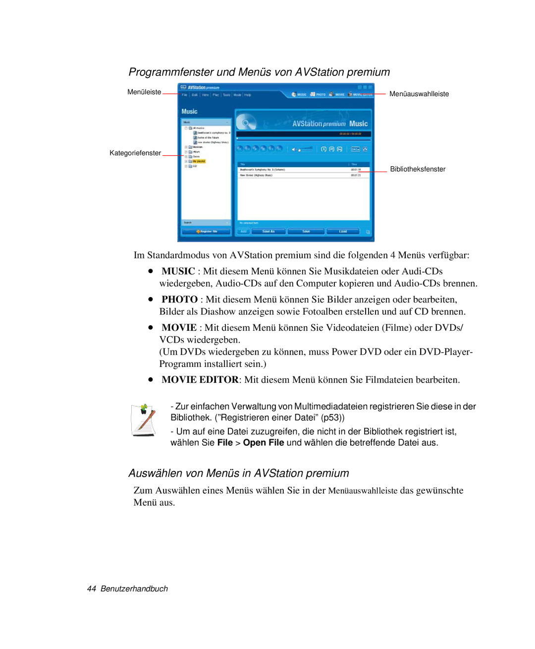 Samsung NP-X1-T001/SEG manual Programmfenster und Menüs von AVStation premium, Auswählen von Menüs in AVStation premium 