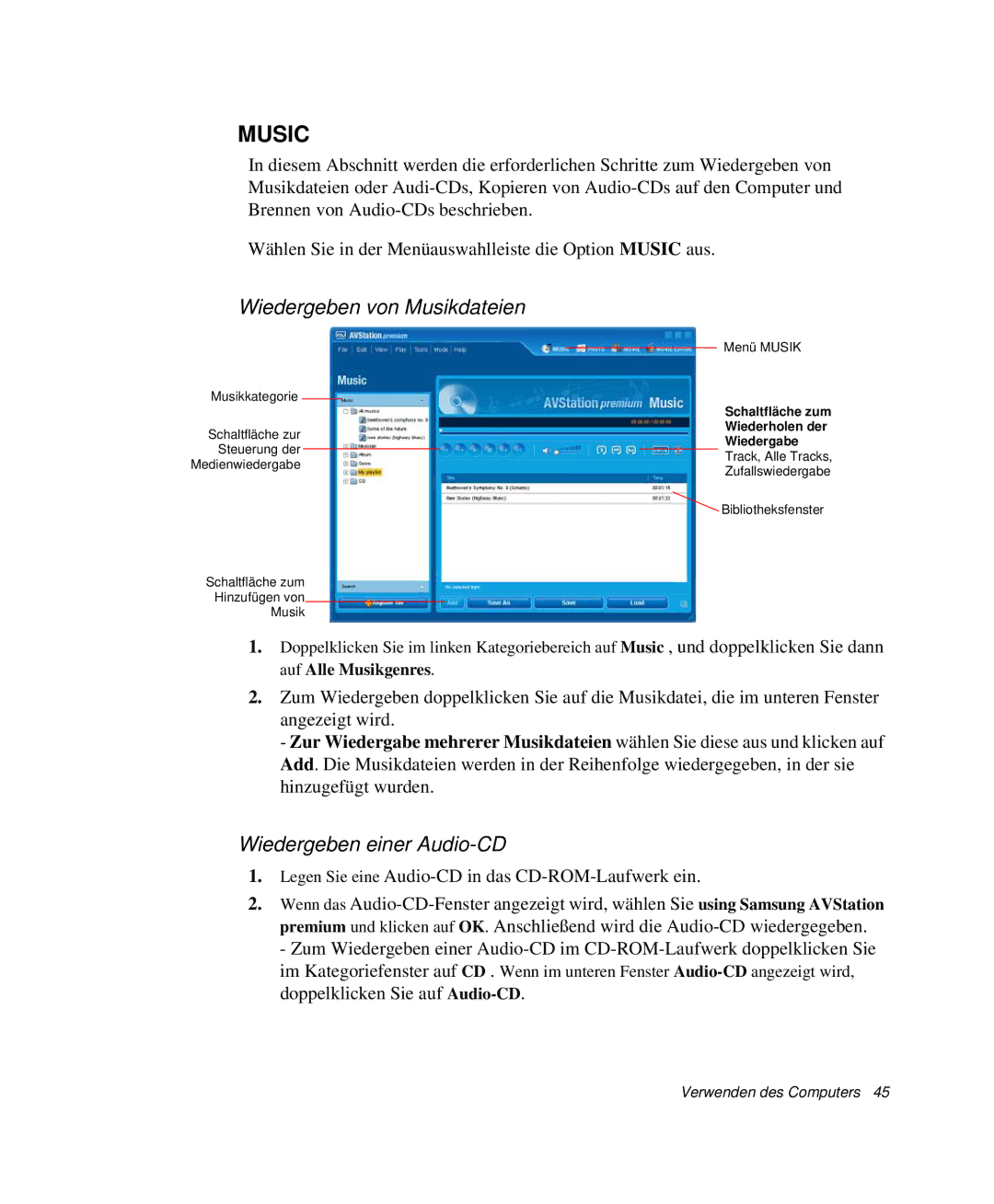 Samsung NP-X1-C000/SEG, NP-X1-T002/SEG, NP-X1-T000/SEG manual Wiedergeben von Musikdateien, Wiedergeben einer Audio-CD 