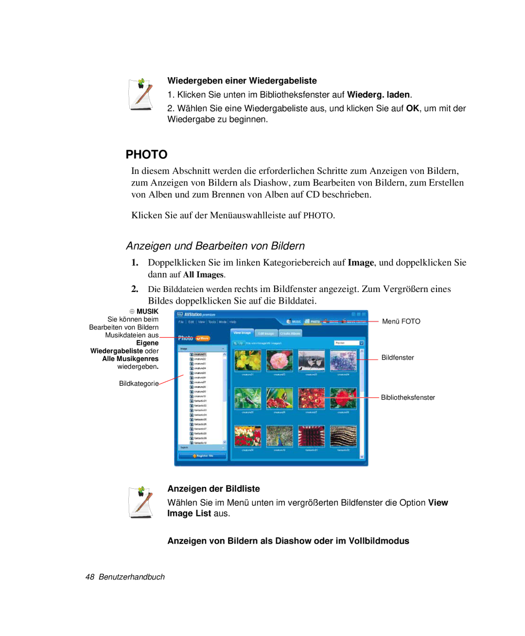 Samsung NP-X1-T003/SEG Anzeigen und Bearbeiten von Bildern, Wiedergeben einer Wiedergabeliste, Anzeigen der Bildliste 