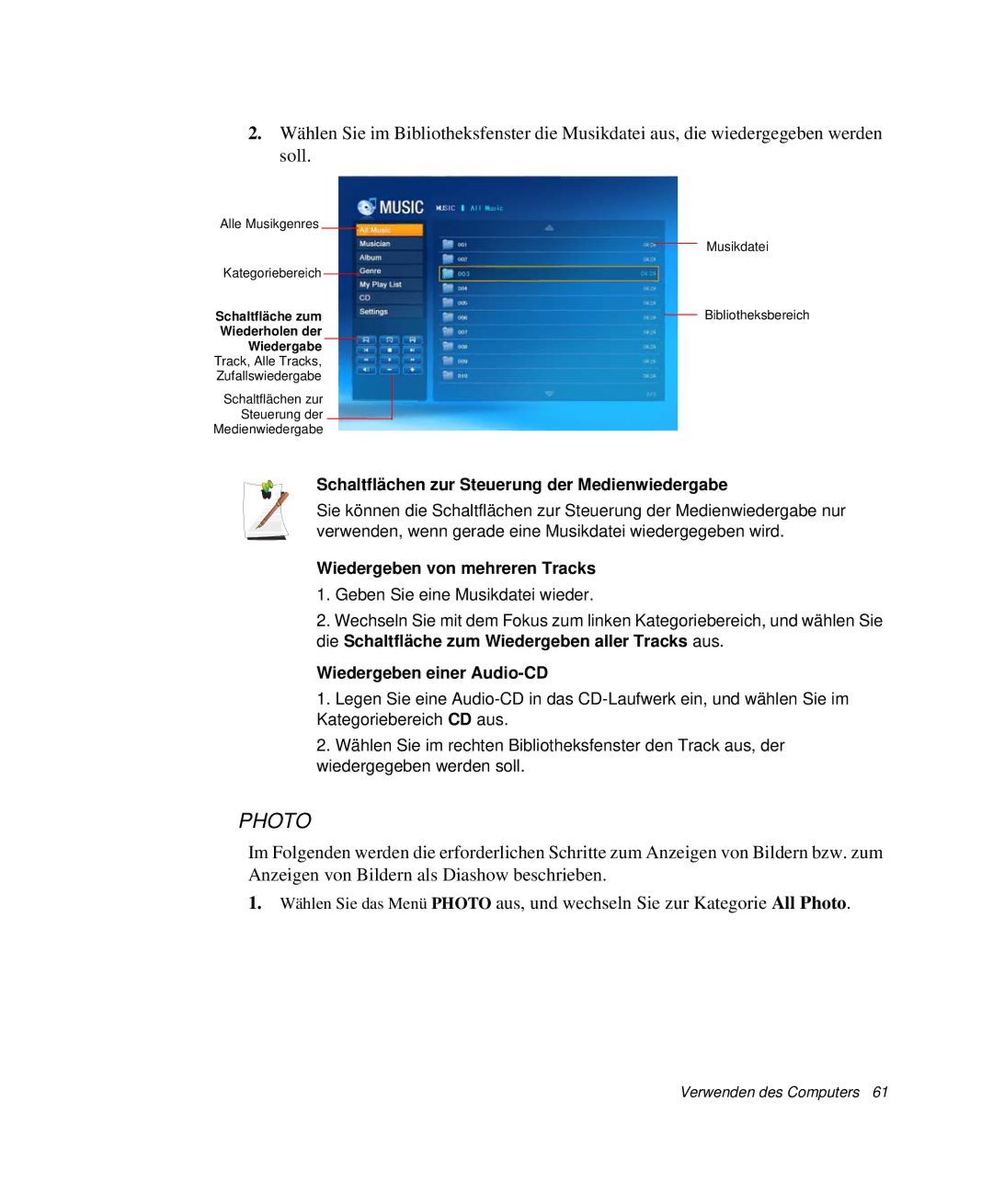 Samsung NP-X1-T002/SEG, NP-X1-C000/SEG Schaltflächen zur Steuerung der Medienwiedergabe, Wiedergeben von mehreren Tracks 